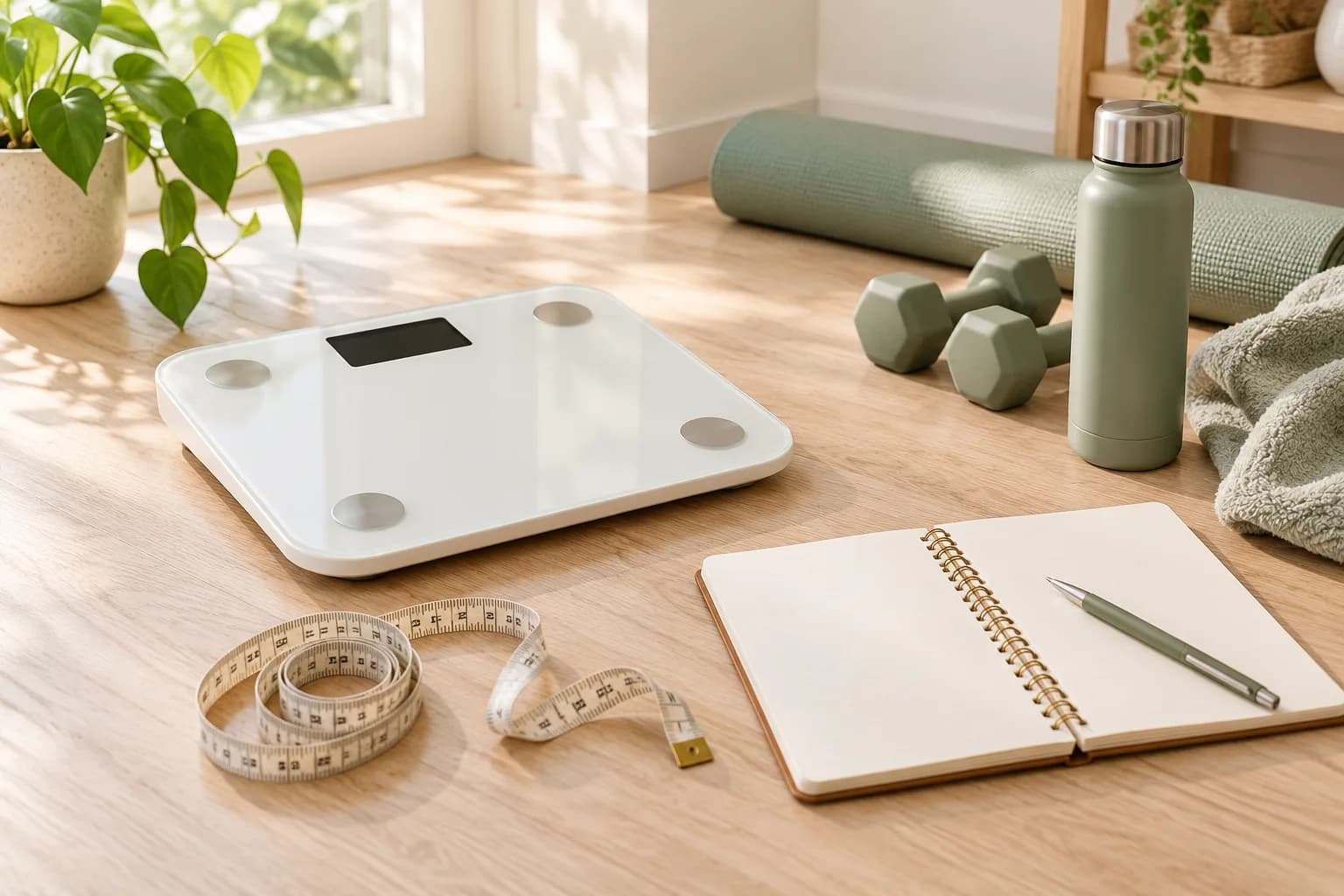 Bathroom scale, notebook and measuring tape in a bright home fitness corner