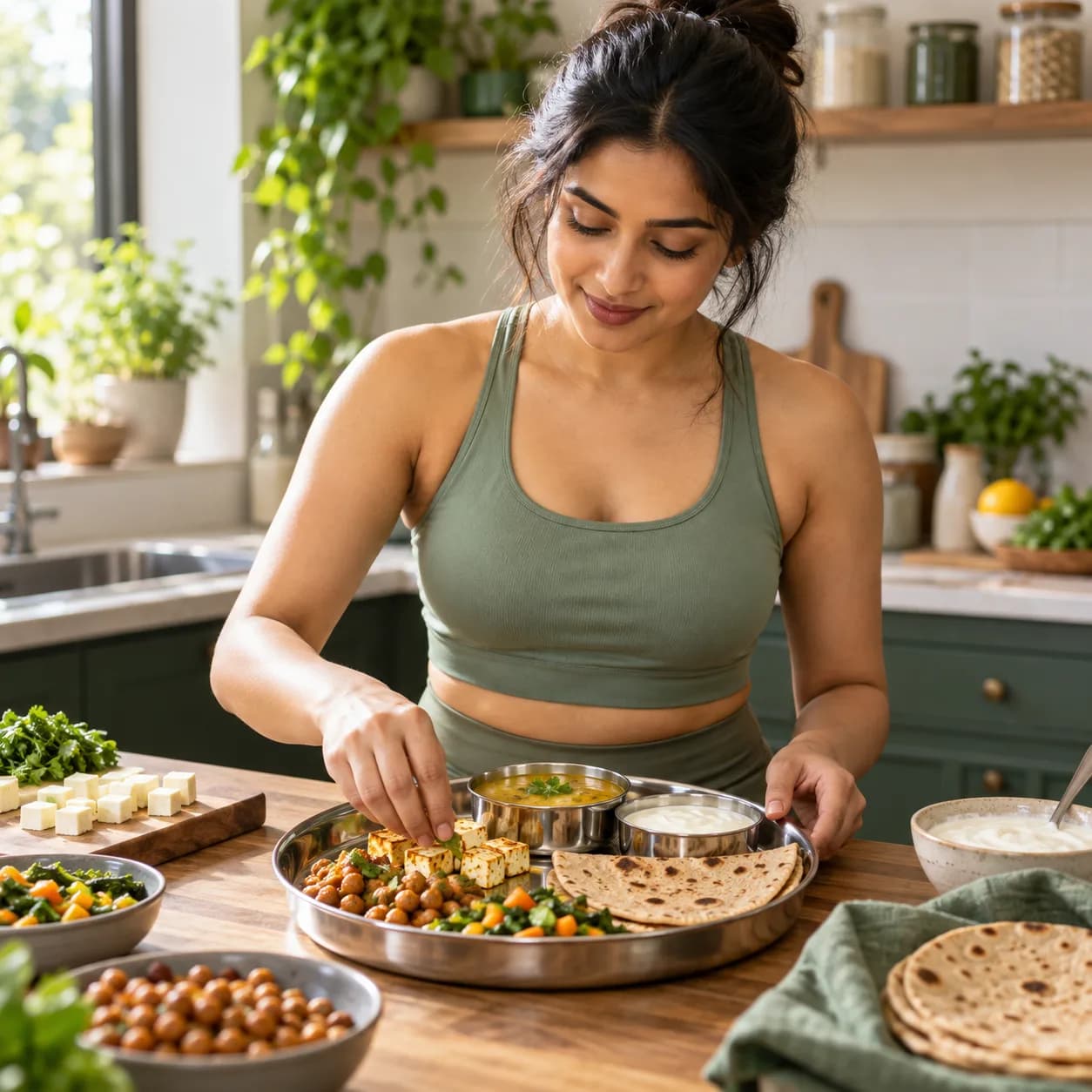 Indian woman in sage activewear preparing a vegetarian thali with paneer, dal, chana, roti and curd