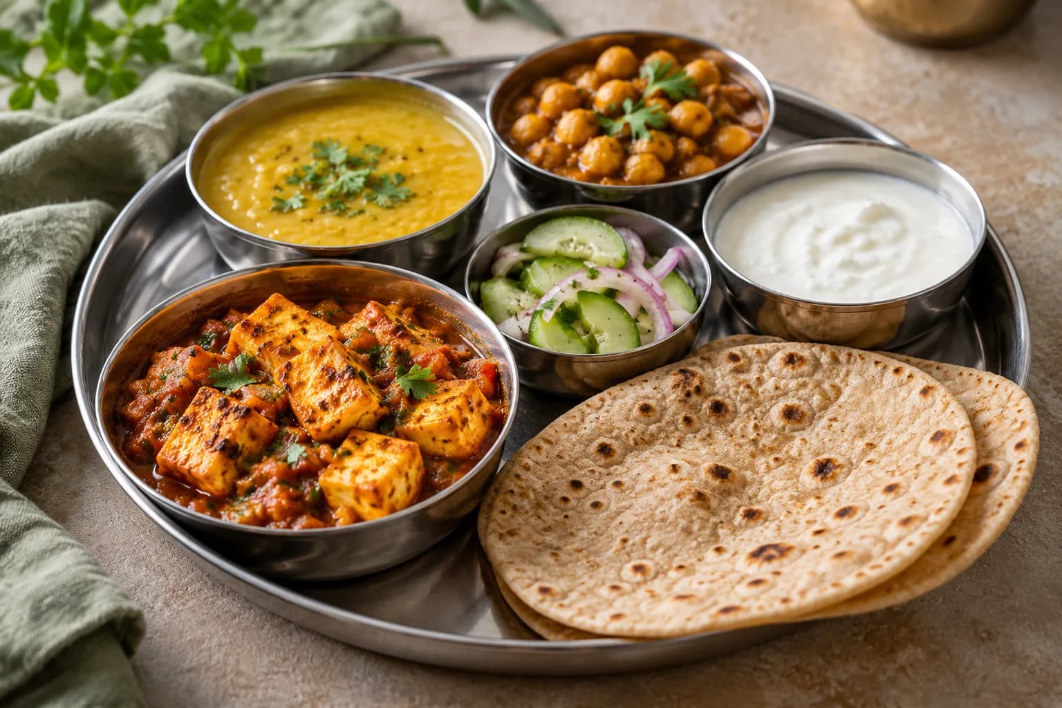 Illustrative Indian vegetarian thali with paneer, dal, chana, roti, salad and curd