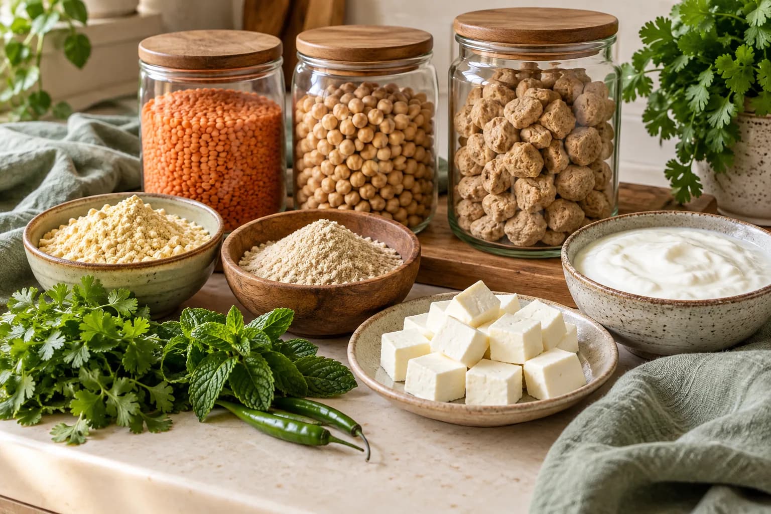 Indian vegetarian pantry staples with lentils, chickpeas, dry soya chunks, besan, sattu, paneer and curd
