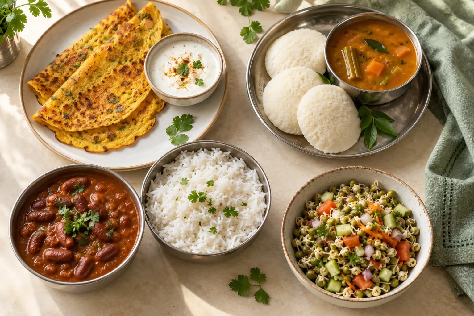 Familiar Indian vegetarian meals including besan chilla, idli with sambar, rajma rice and mung sprouts