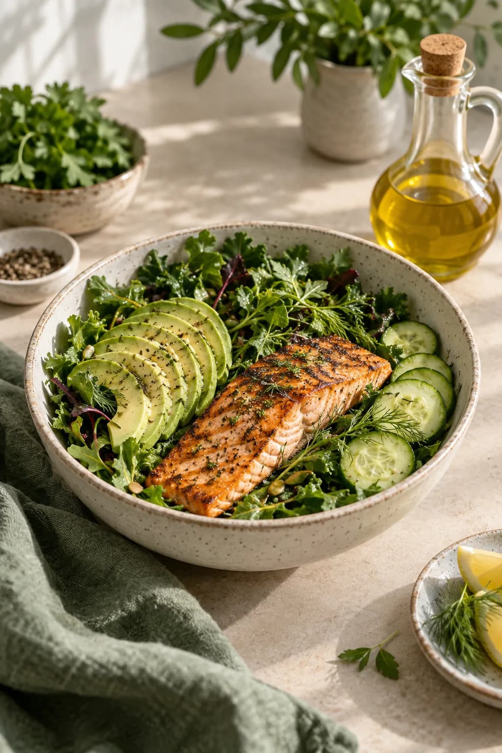 Salmon, avocado and leafy greens in a ceramic bowl beside olive oil