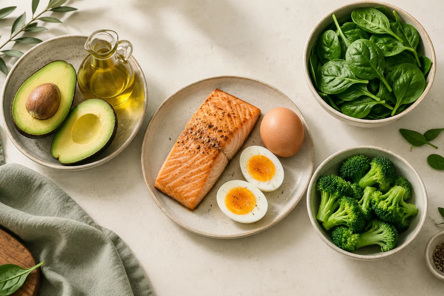 Avocado, olive oil, salmon, eggs and green vegetables arranged in ceramic dishes