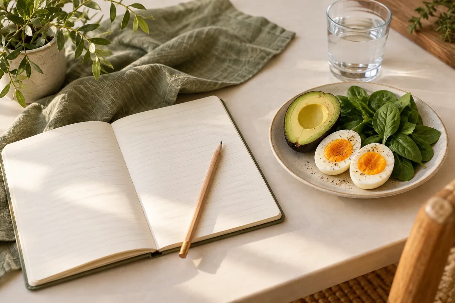 Blank meal planning notebook beside avocado, eggs, spinach and water