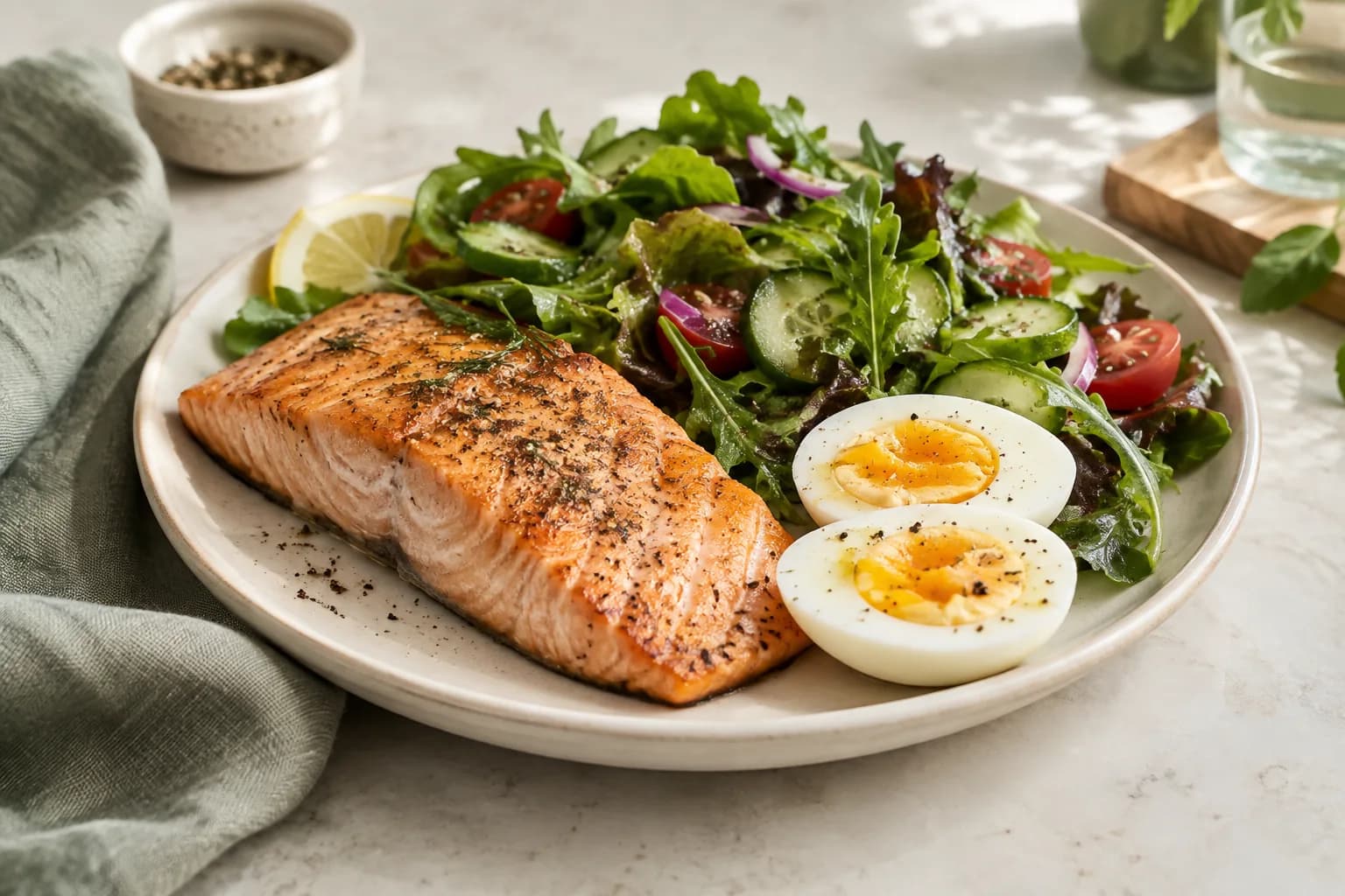 Cooked salmon and sliced boiled eggs with a leafy green salad