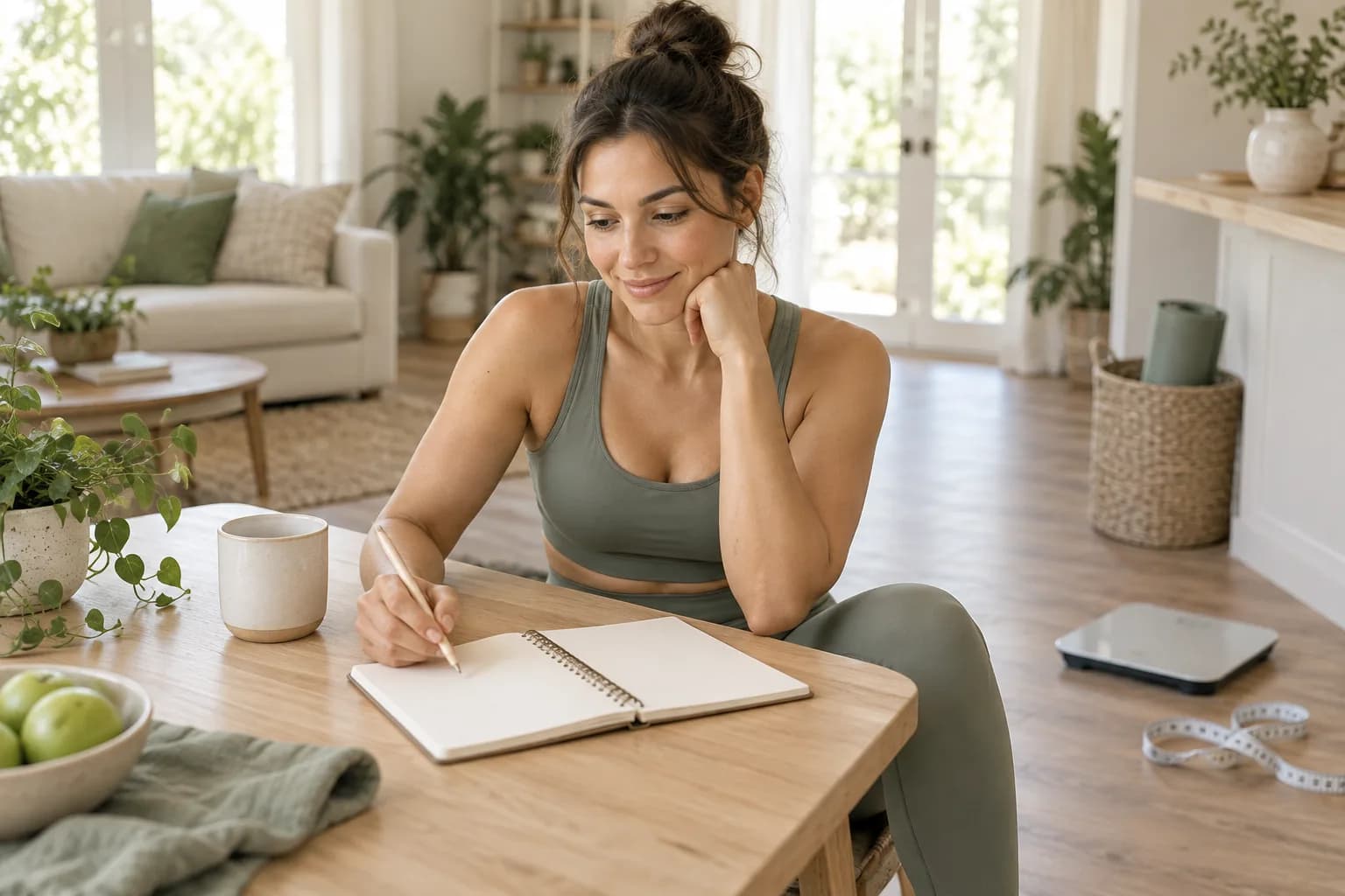 Woman writing in a blank notebook with body composition tools nearby