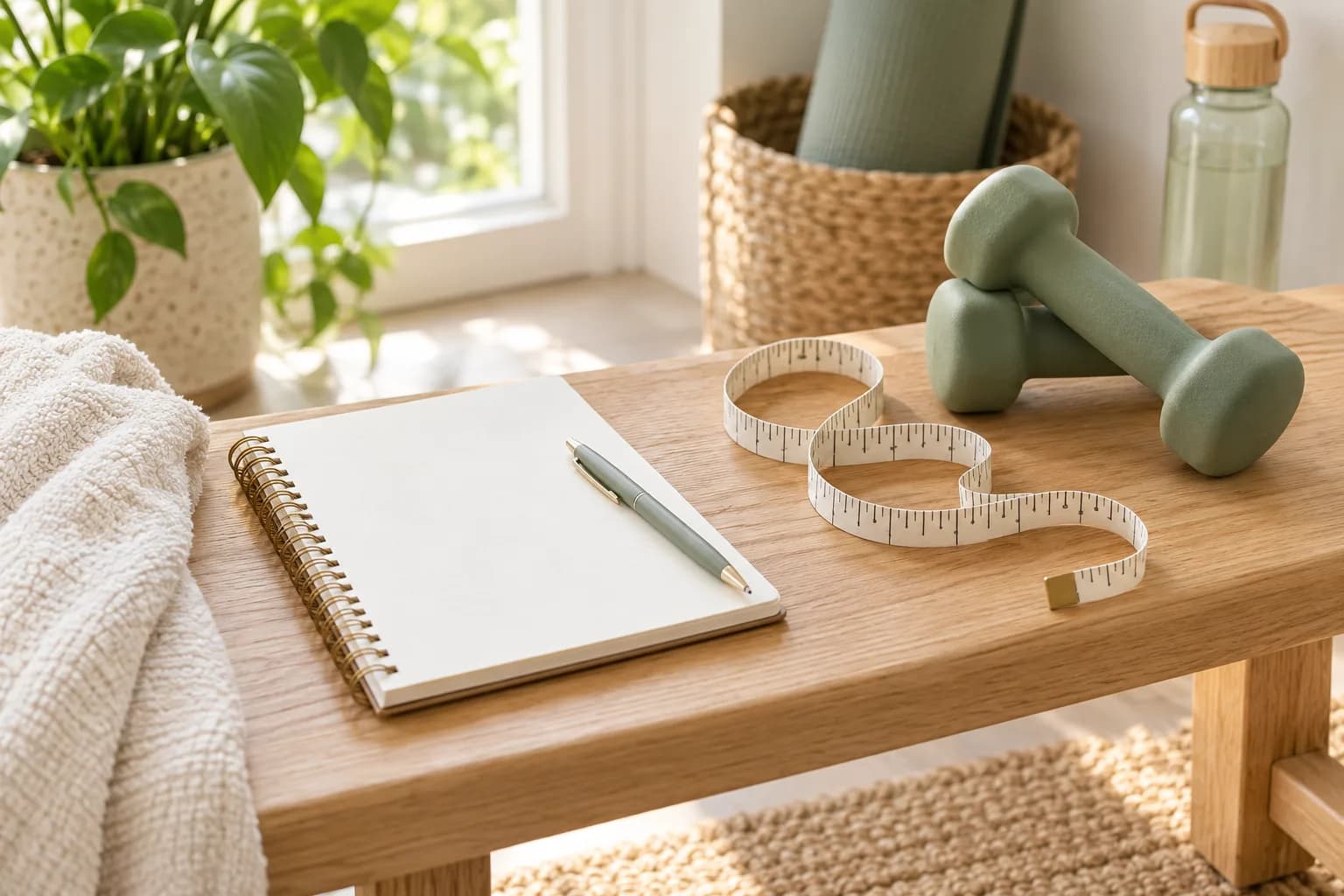 Measuring tape, notebook and dumbbells on a pale oak workout bench