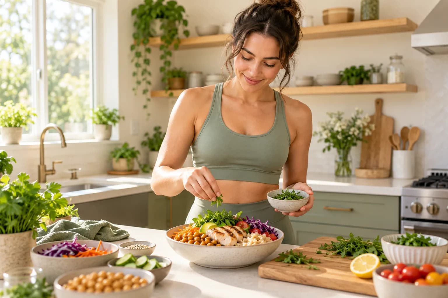 Woman preparing a balanced chicken, chickpea, rice and vegetable bowl at home