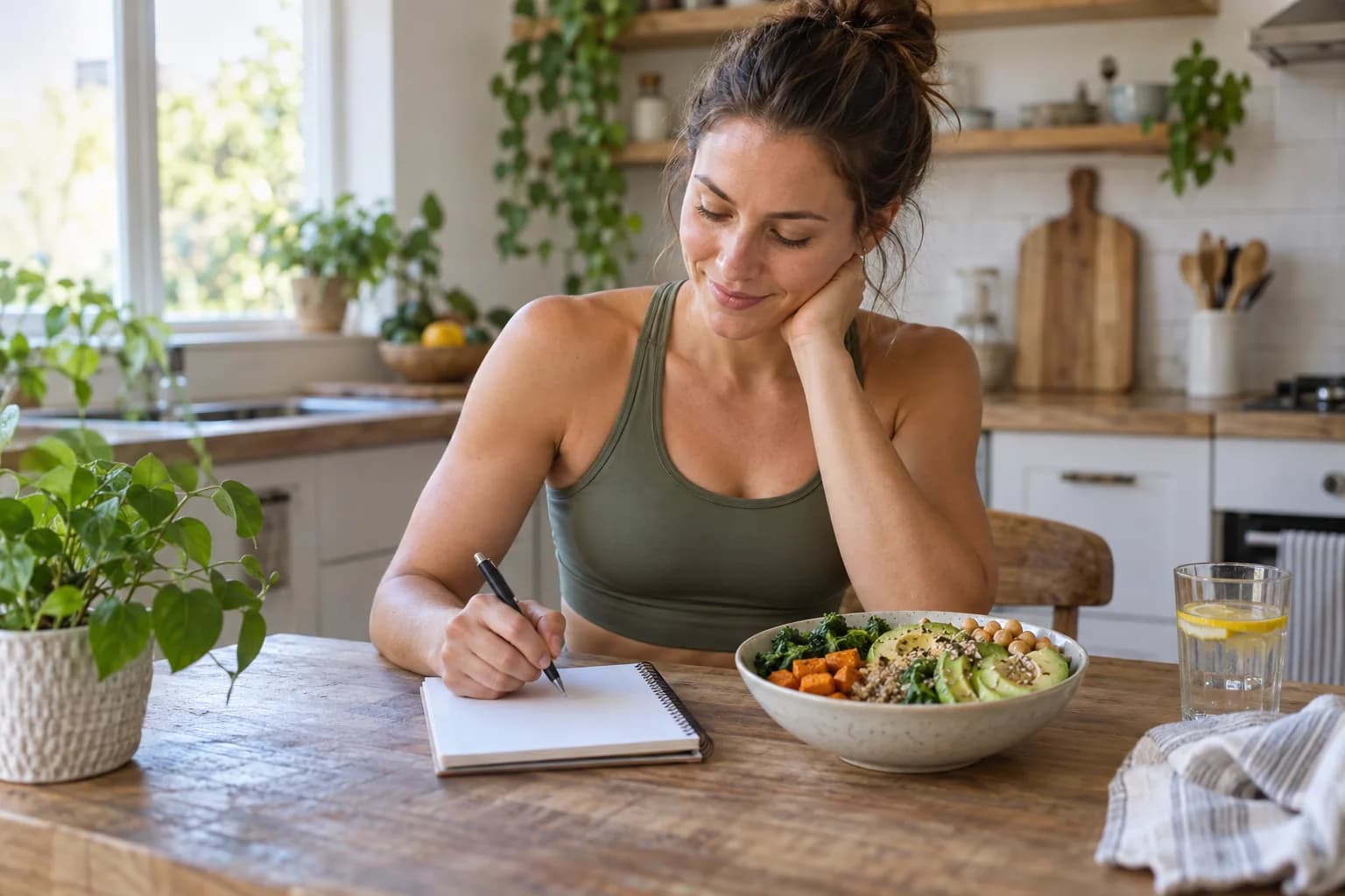 Woman planning a balanced meal with a notebook