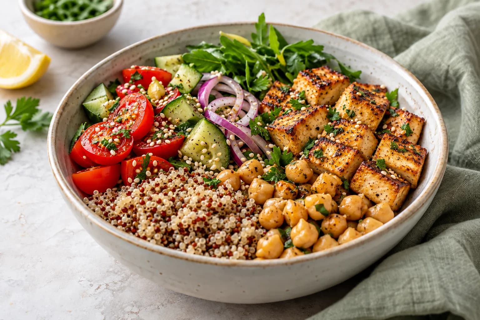 Illustrative plant-based protein bowl with tofu, quinoa, chickpeas and vegetables