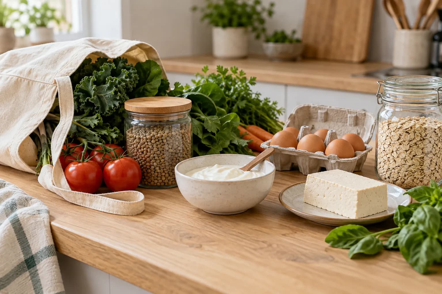 Reusable groceries including legumes, eggs, tofu, oats and fresh produce