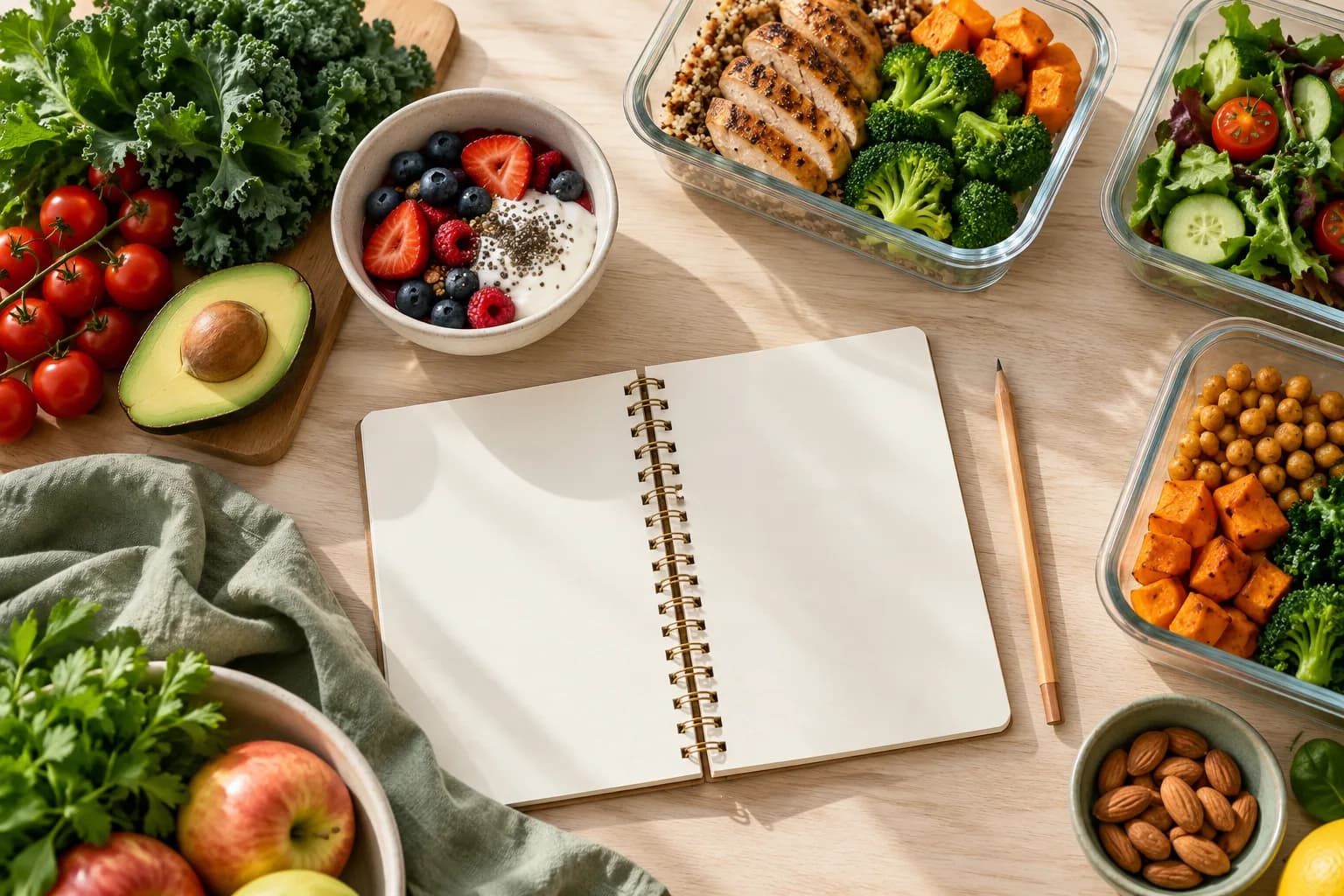 Notebook, fresh ingredients and meal containers arranged for meal planning