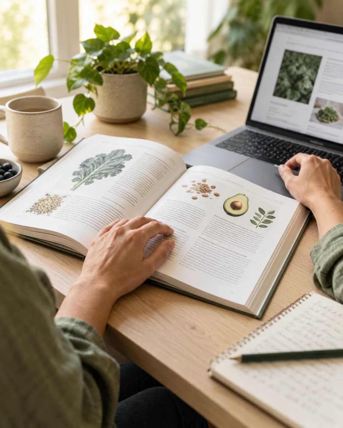 Hands comparing a nutrition reference book with notes beside a laptop at a sunlit desk