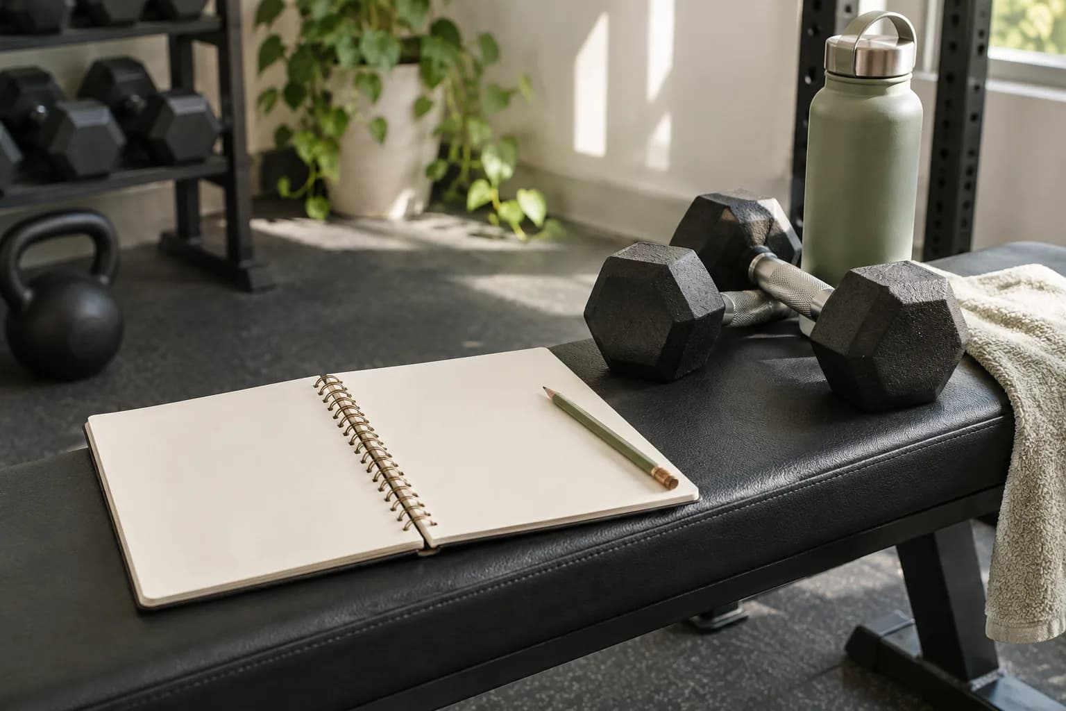 Blank workout notebook beside dumbbells and a water bottle