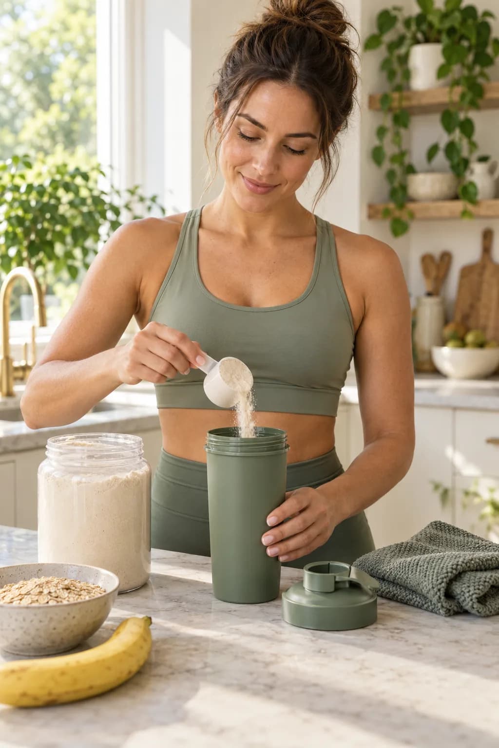 Woman in sage activewear preparing a shake with a measured scoop and unbranded shaker
