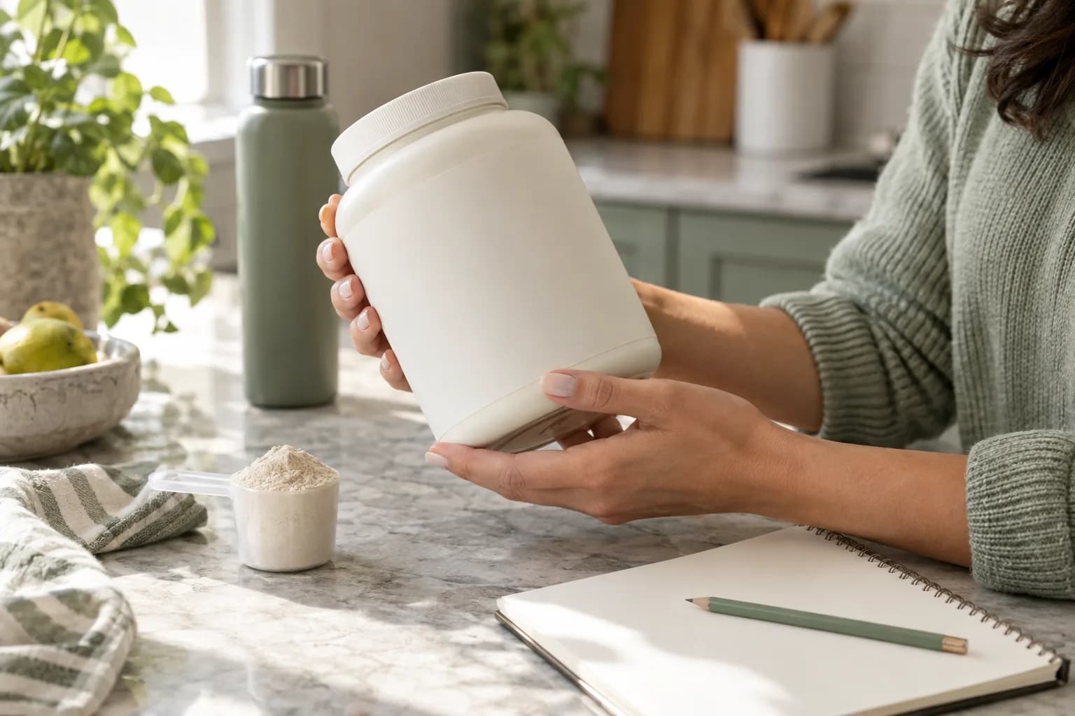 Hands inspecting an unbranded powder jar beside a blank notebook and measured scoop