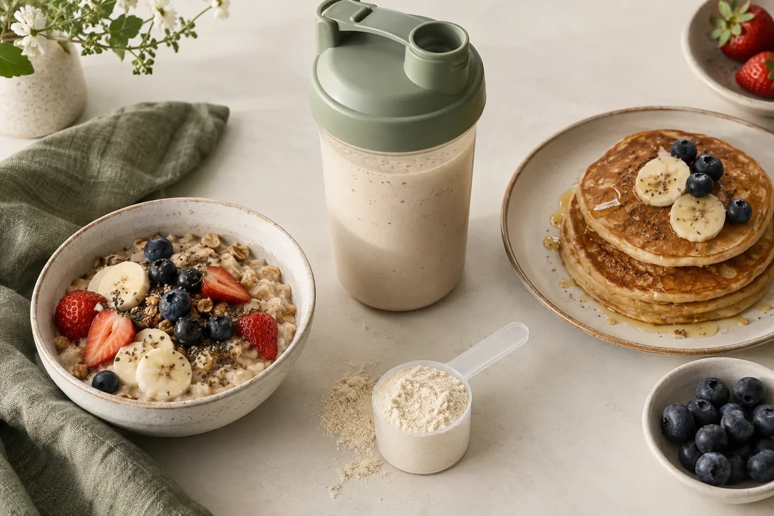 Shake, breakfast oats and pancakes illustrating everyday powder use cases