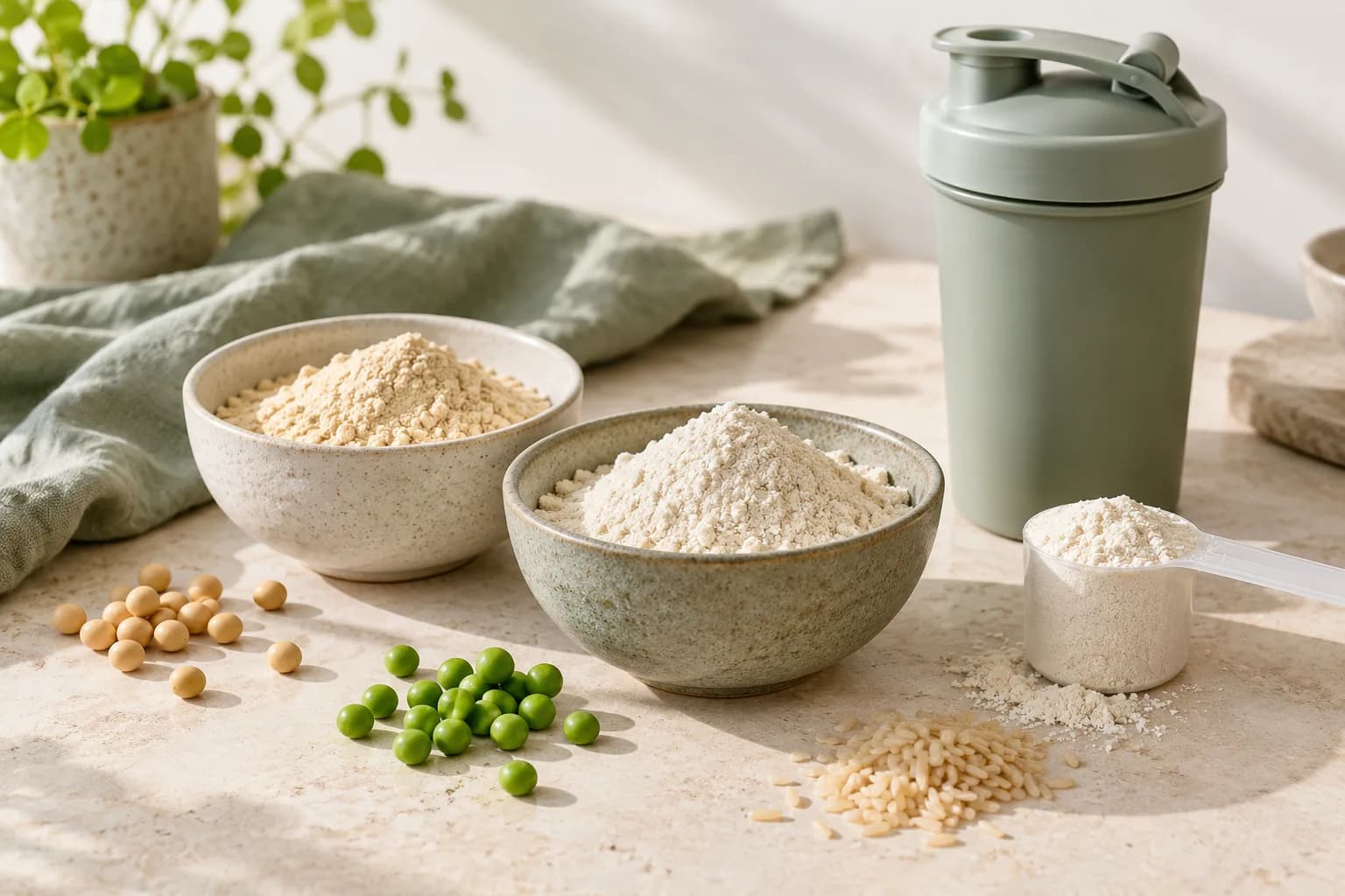 Illustrative powder bowls, measured scoop and unbranded shaker with plant ingredients