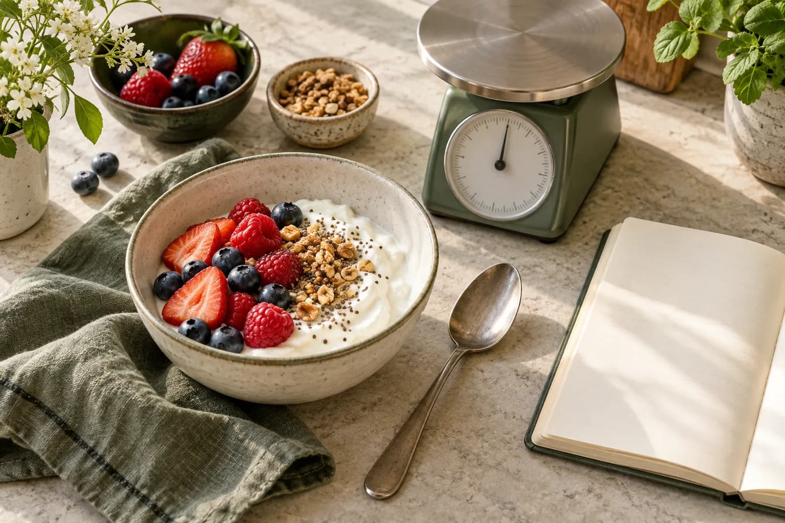 Yogurt and berries beside a kitchen scale and blank notebook