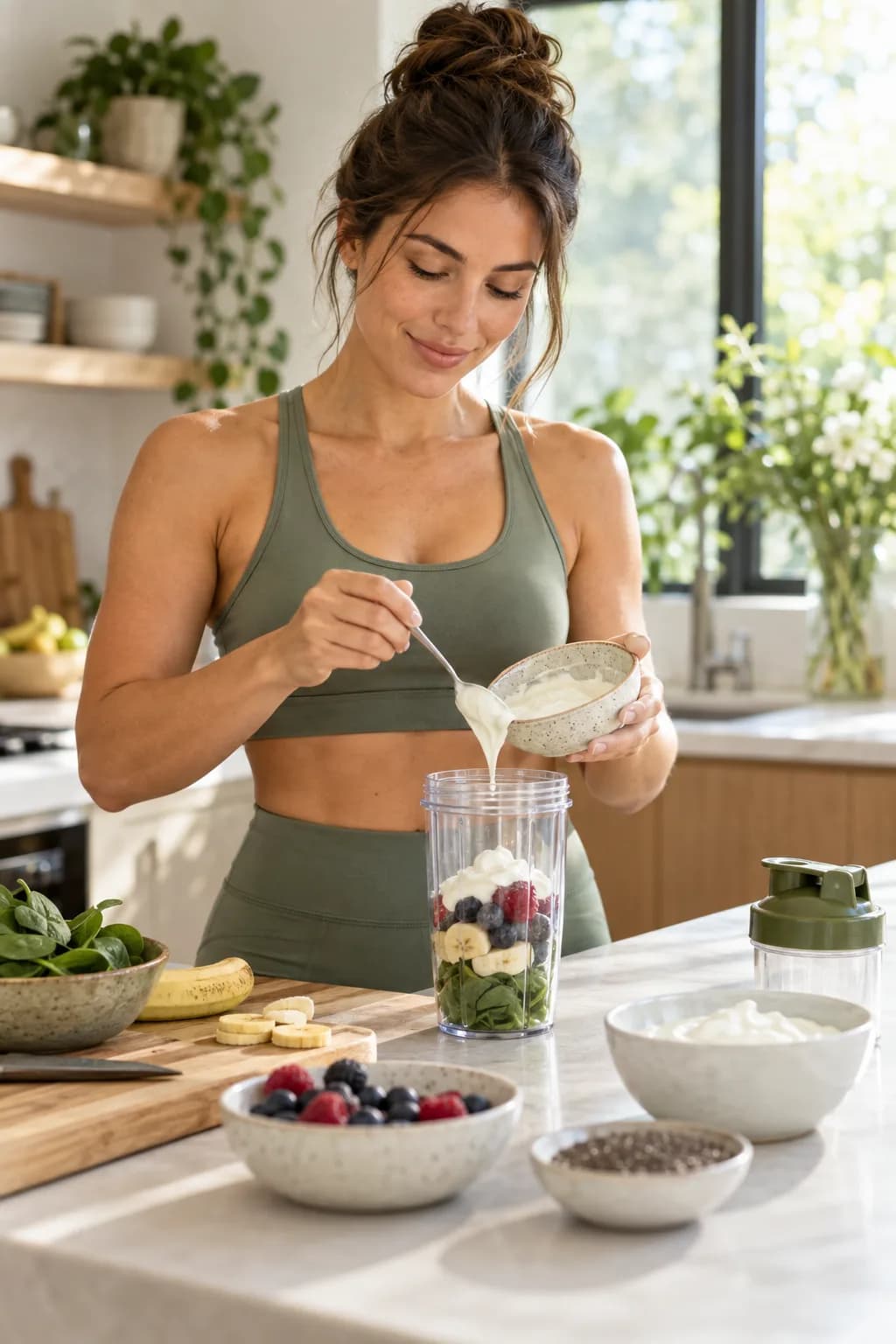 Woman in sage activewear preparing a smoothie in a sunlit kitchen
