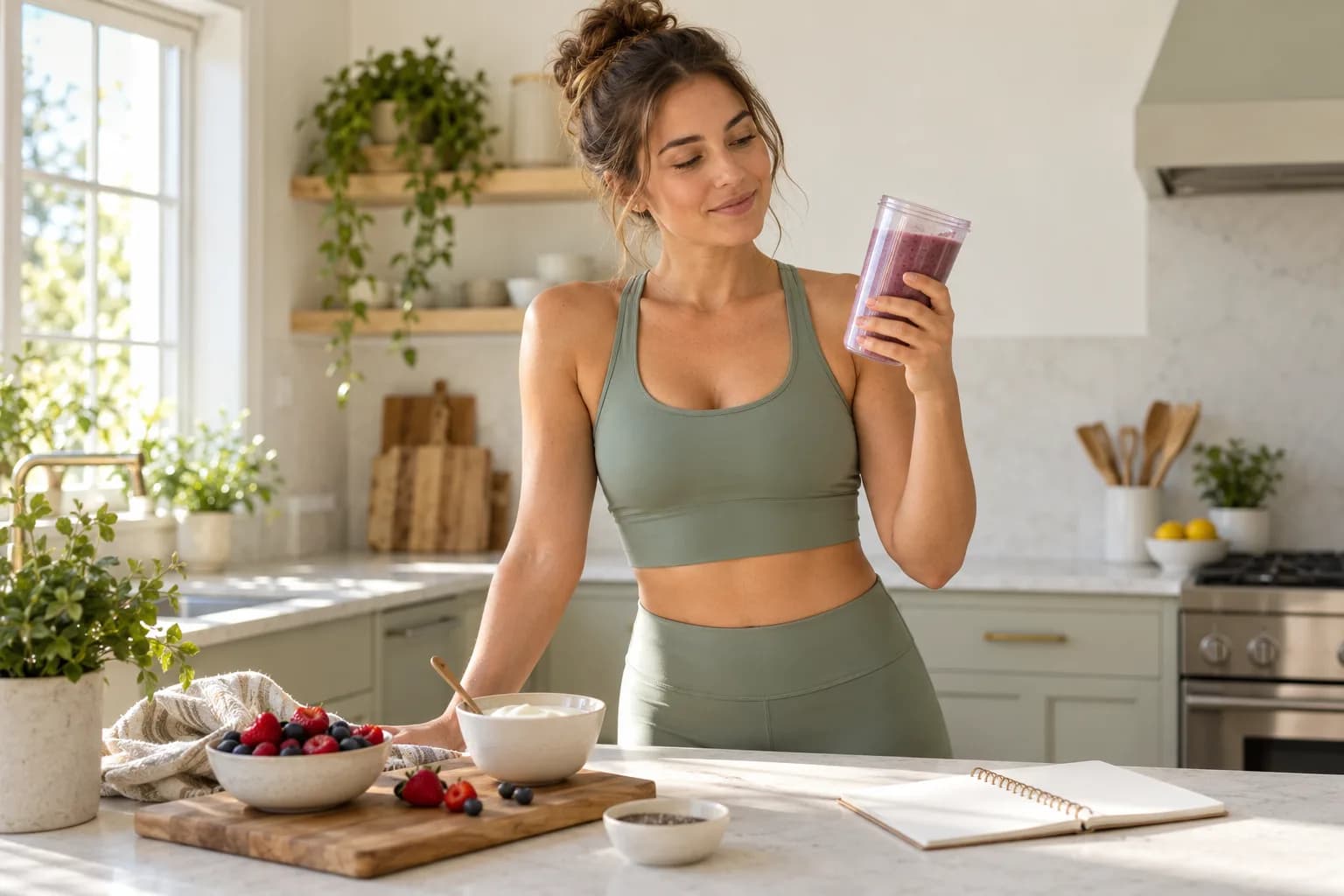 Woman considering a smoothie while planning nutrition in a bright kitchen