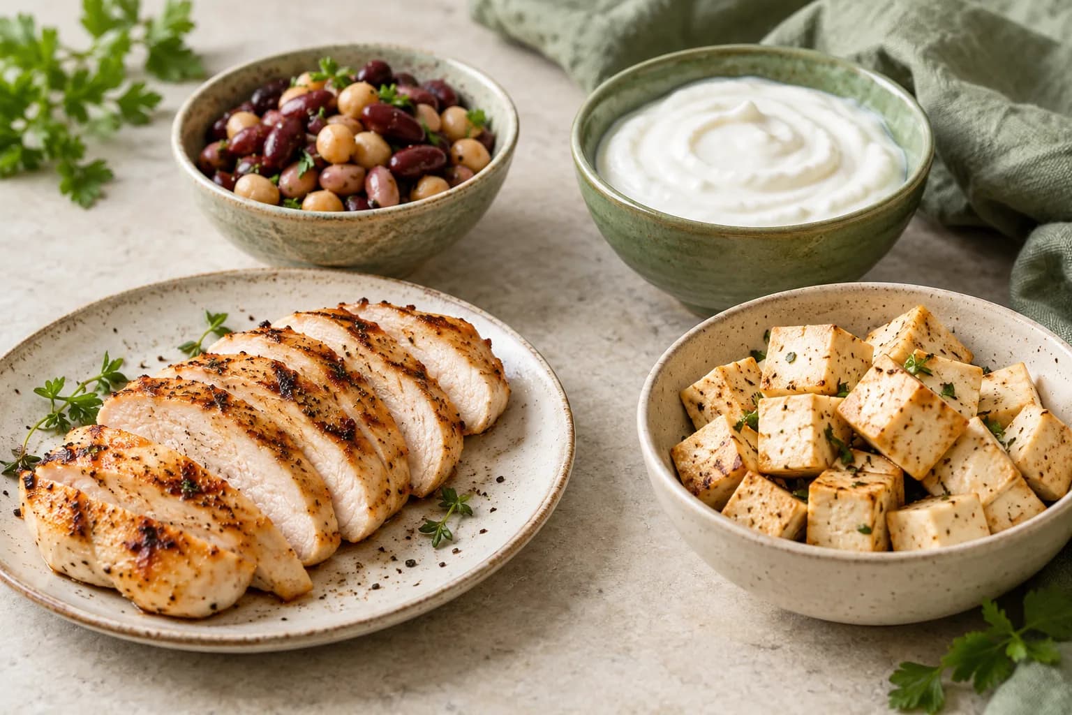 Chicken, tofu, beans and Greek yogurt arranged for everyday meals