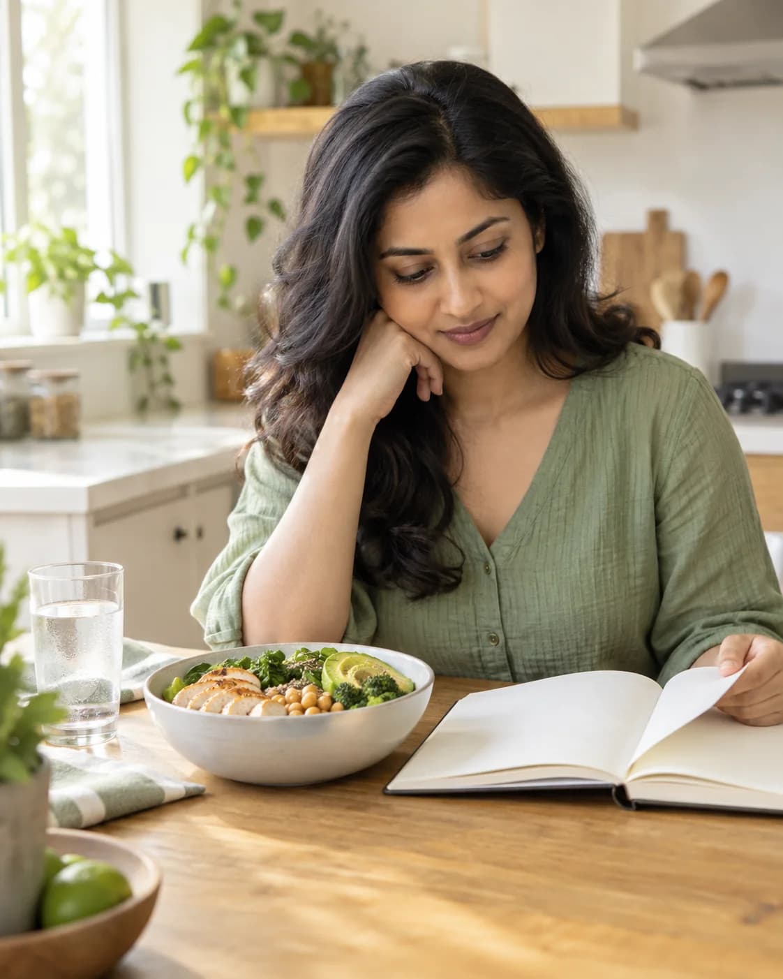 Woman reading a notebook beside a balanced chicken and chickpea bowl in a sunny home kitchen