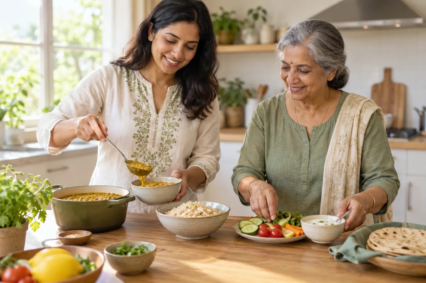 Two women of different generations preparing lentils, yogurt and vegetables together