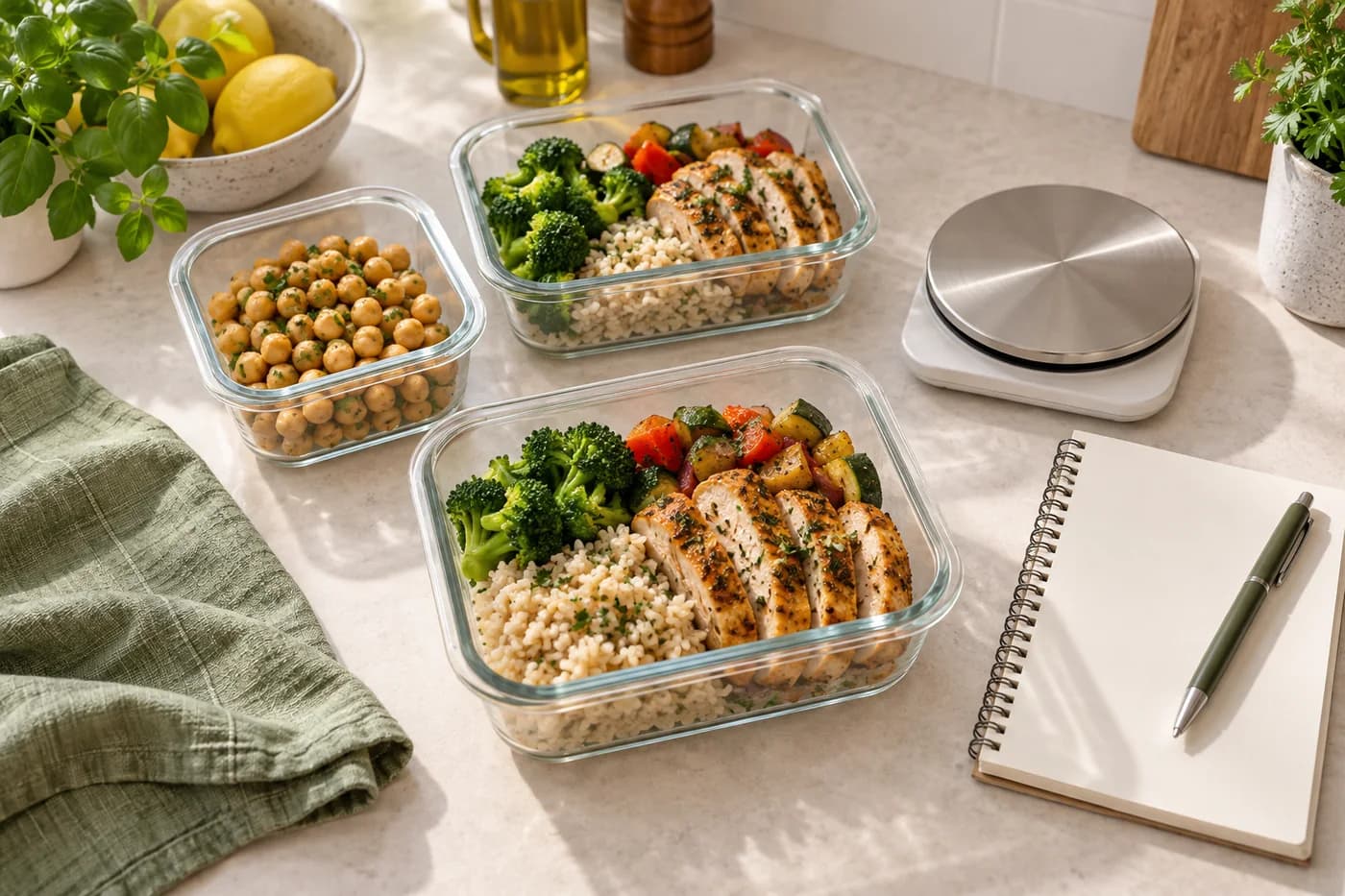 Prepared chicken, rice and vegetable meals beside a kitchen scale and a blank notebook