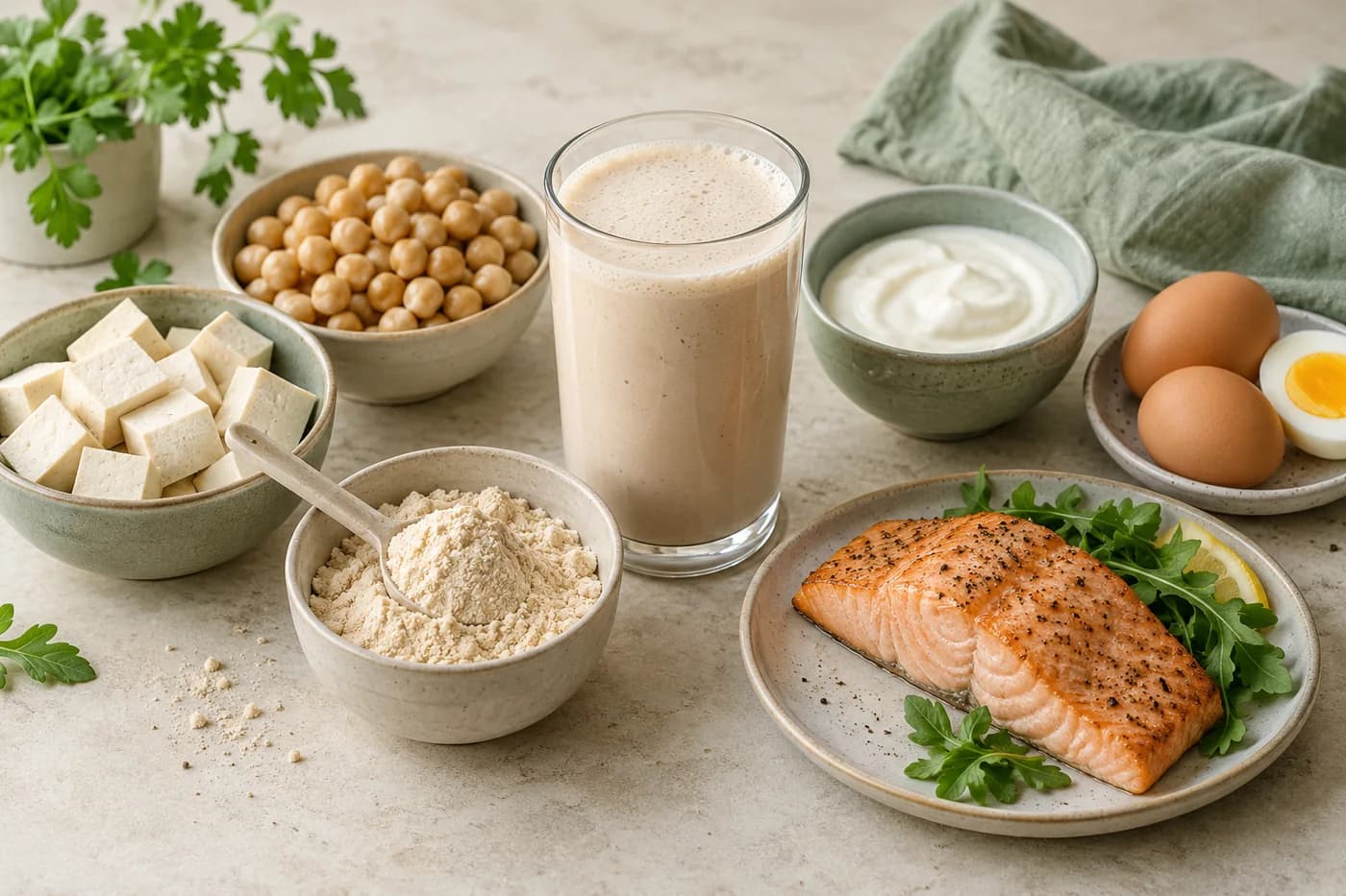 A protein shake, tofu, chickpeas, yogurt, eggs and cooked salmon on a cream counter