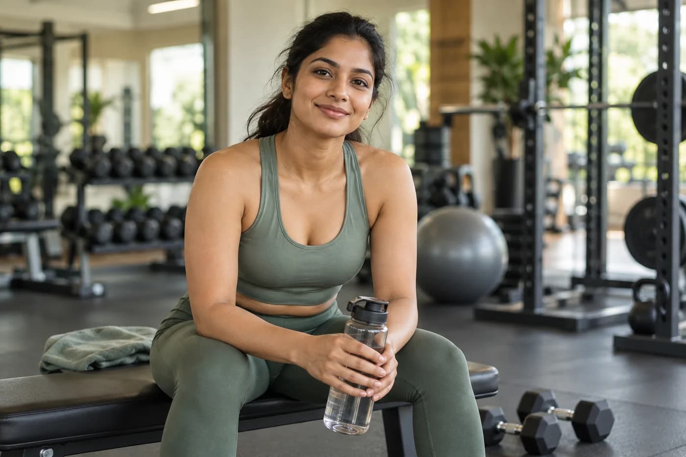 Woman in sage gym clothing resting on a bench after training with a water bottle