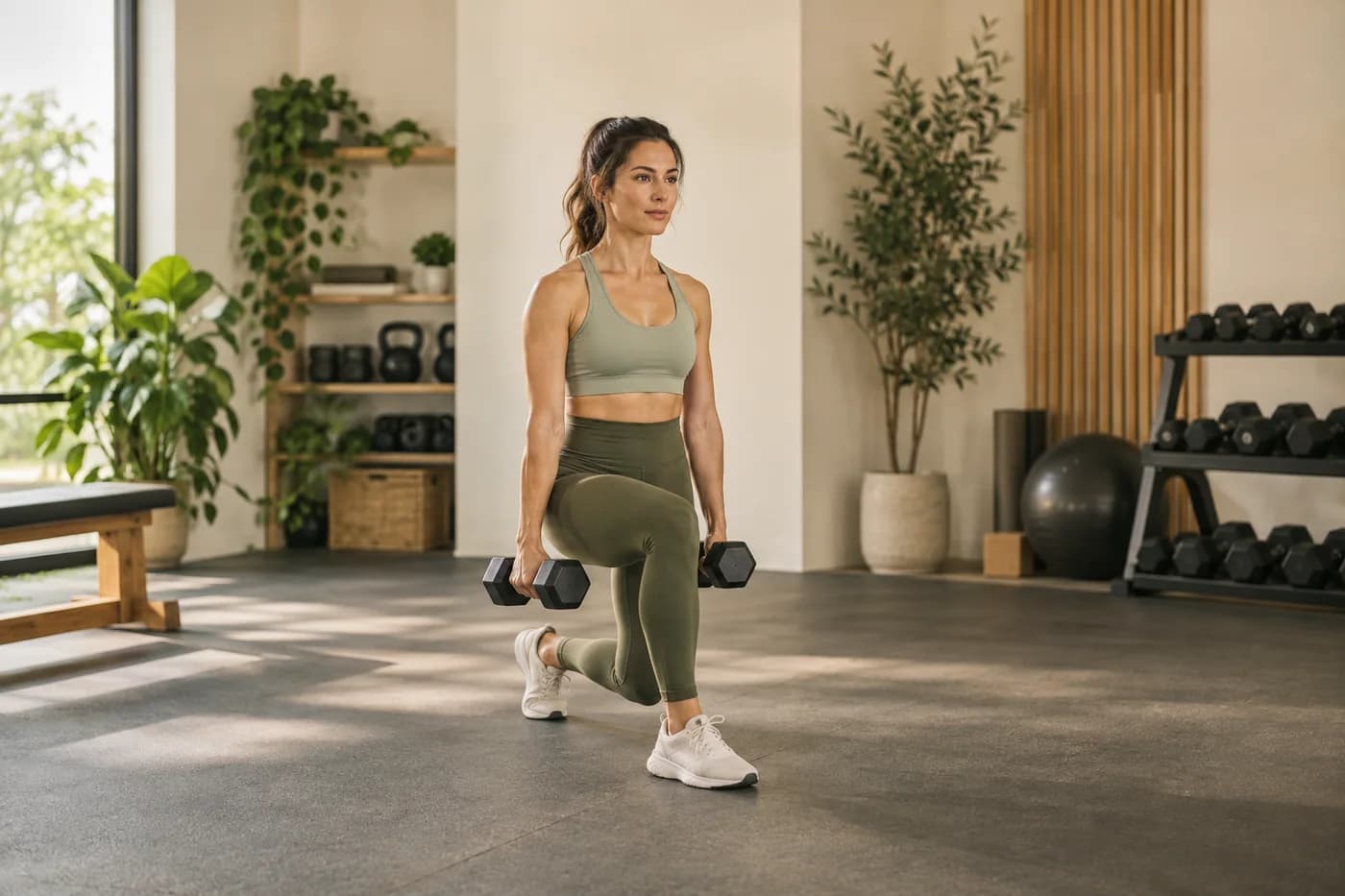 Adult woman in olive gym wear doing a controlled dumbbell exercise