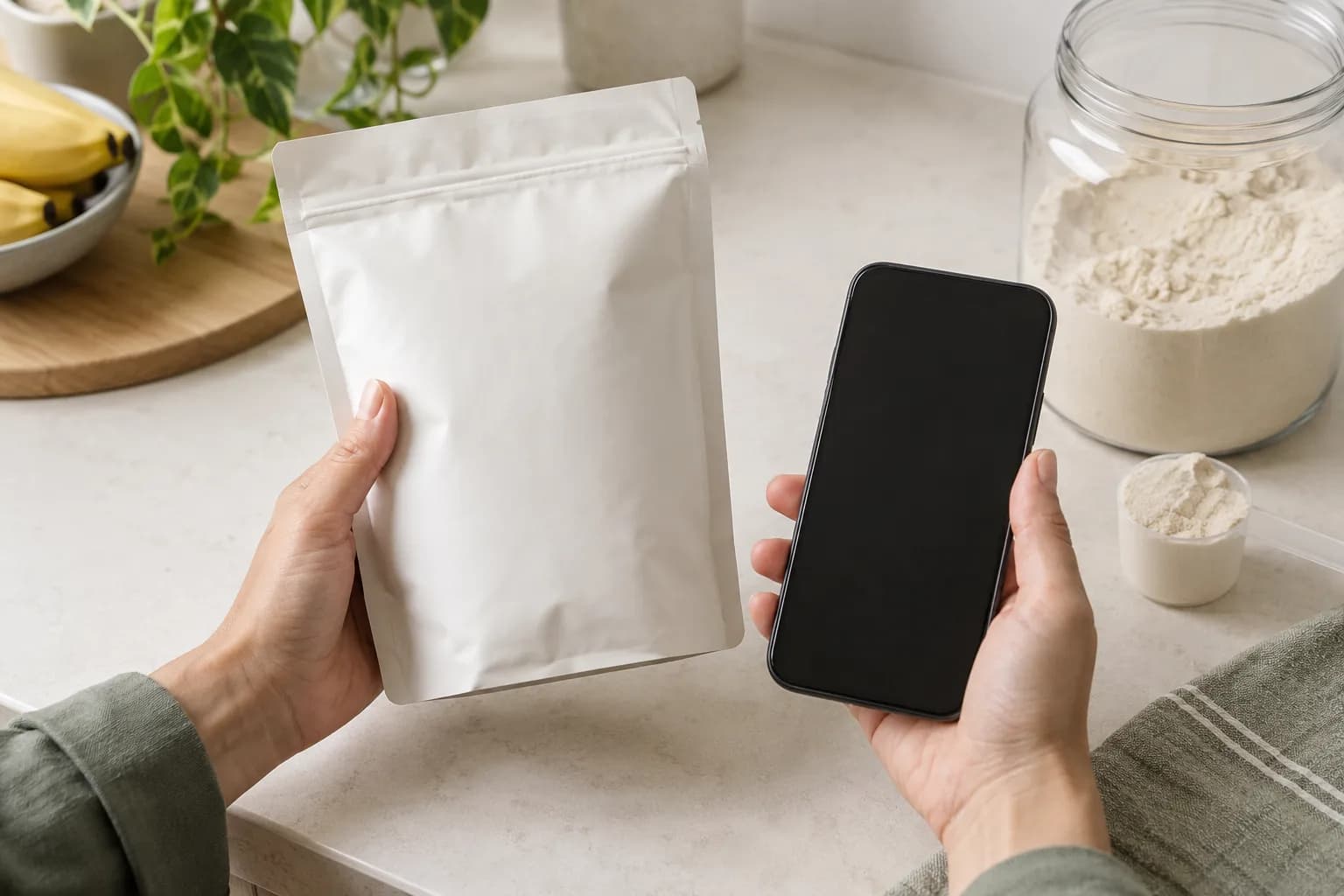 Illustrative package inspection beside a phone with blank screen and powder scoop