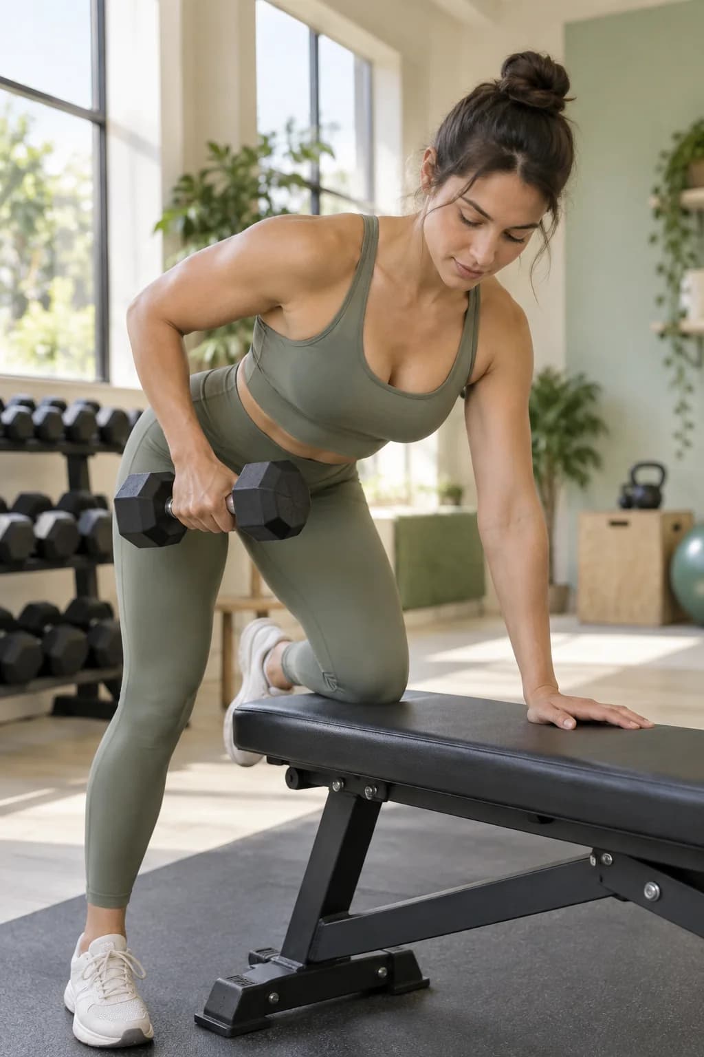 Woman in sage activewear practising a dumbbell row supported on a gym bench