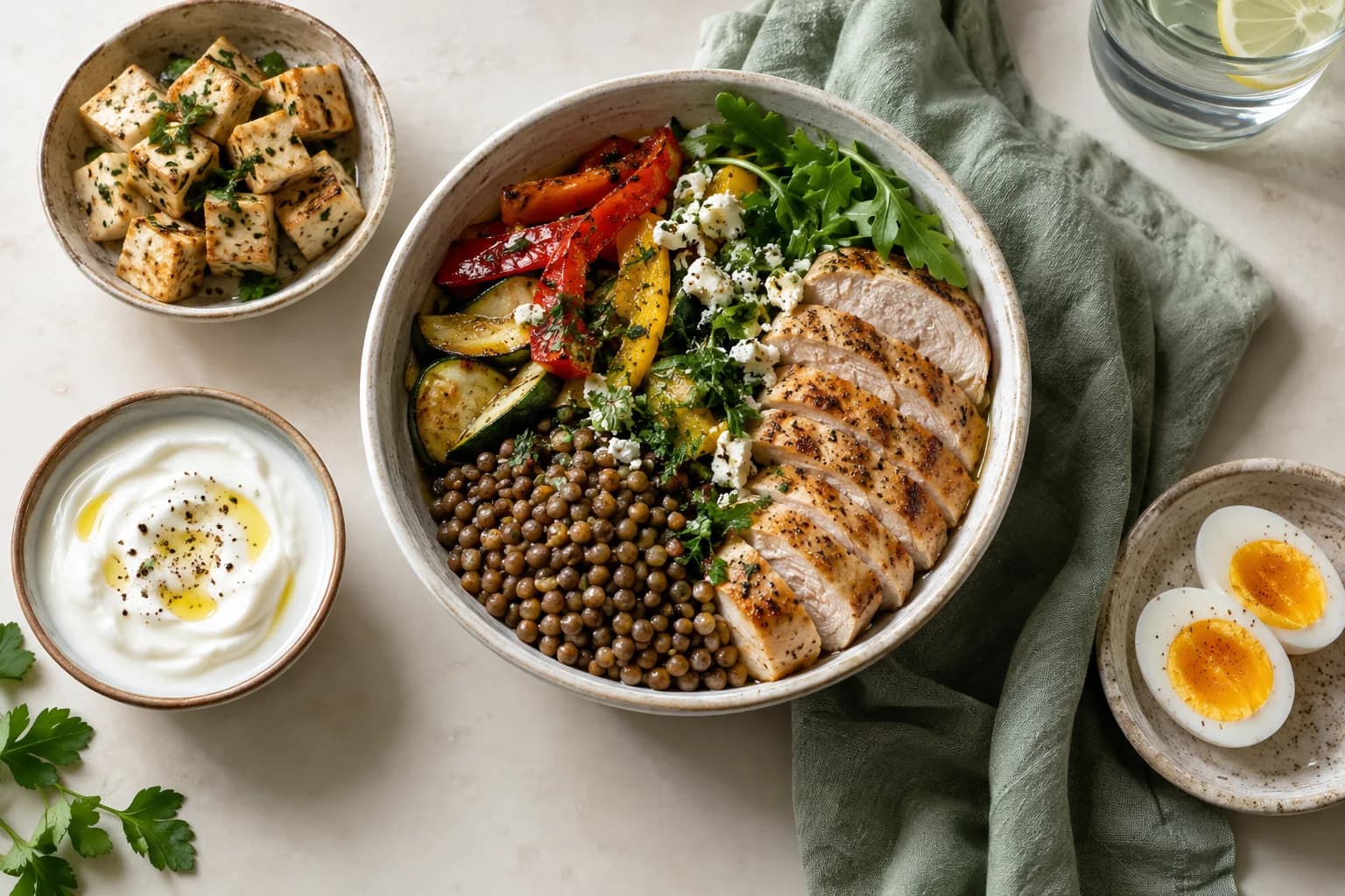 Chicken, lentils, vegetables, tofu, yogurt and eggs arranged on an ivory table