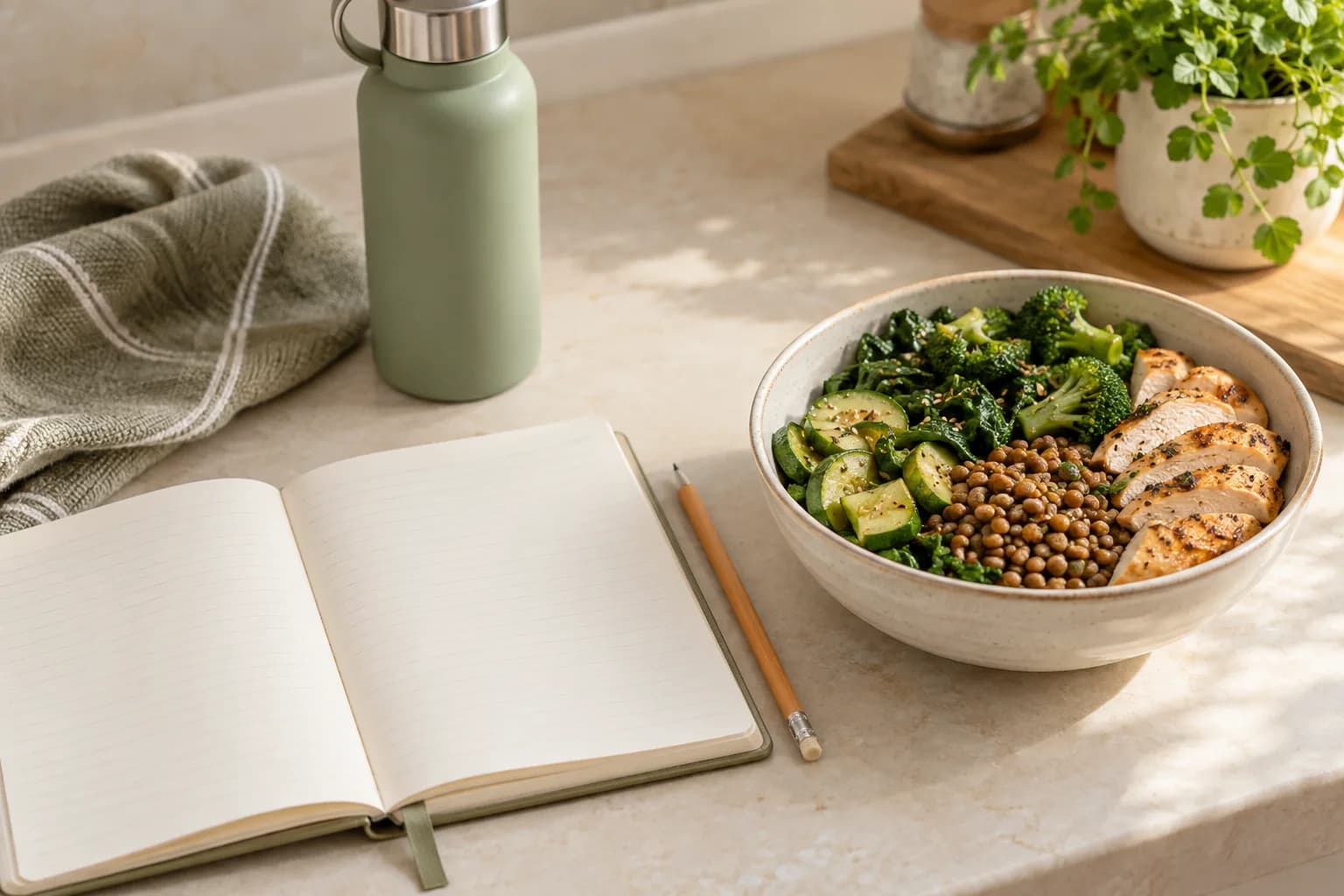 Chicken, lentils and vegetables beside a blank planning notebook and water bottle
