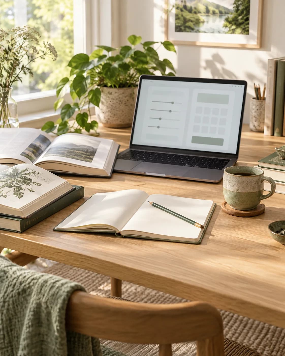 An illustrative research workspace with reference books, a notebook and a laptop