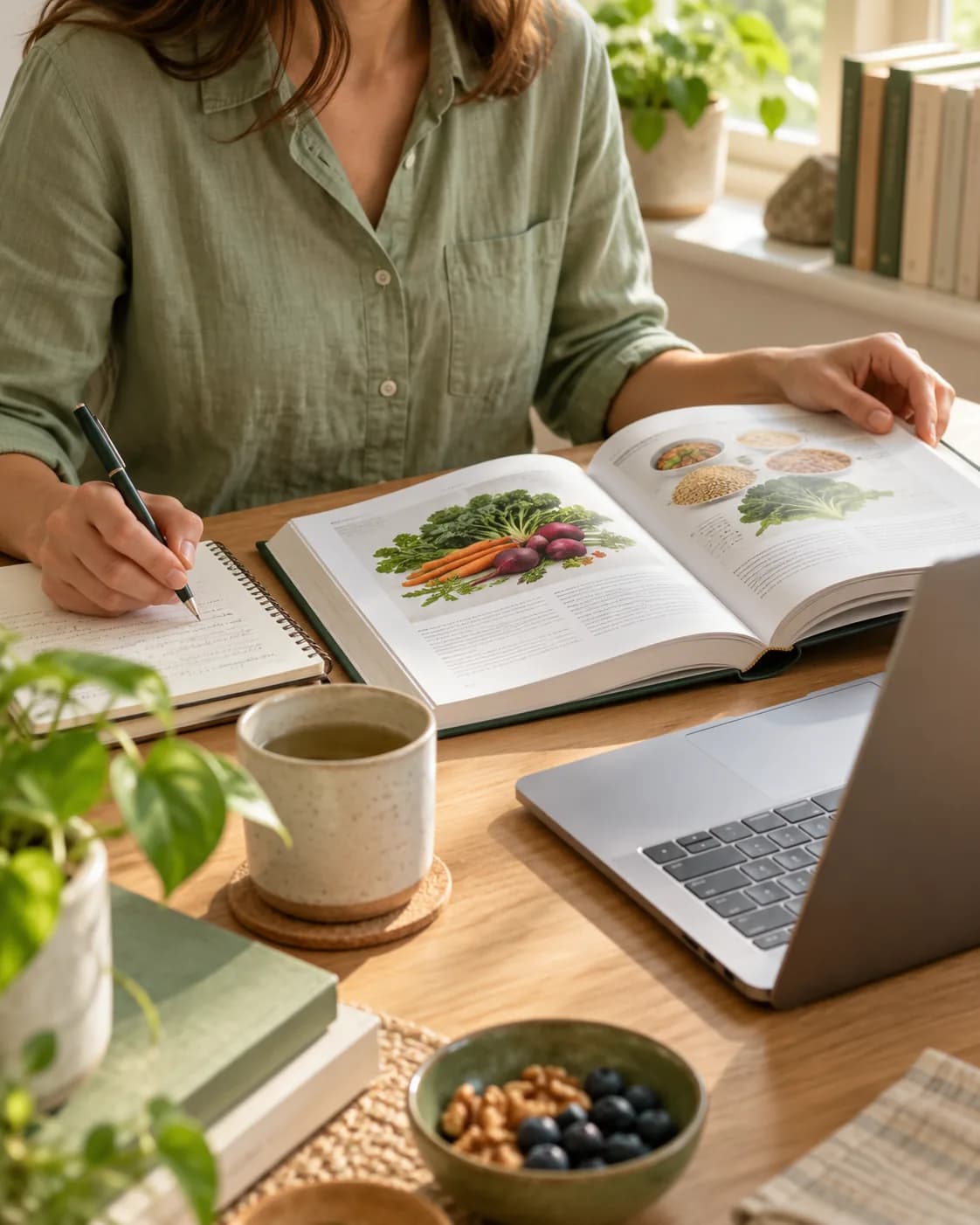 Hands comparing an open nutrition reference book with written notes beside a laptop