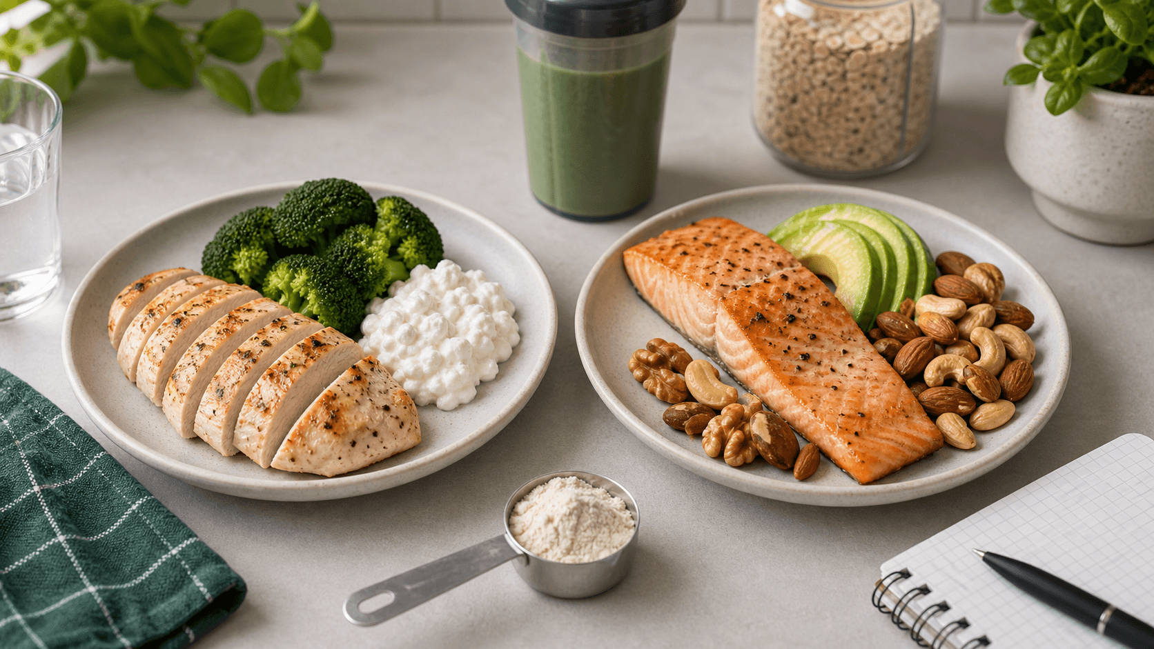 Side-by-side high-protein food comparison on a kitchen counter