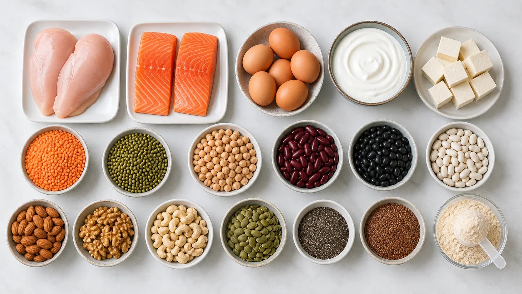 Organized protein food chart with meat, seafood, dairy, soy, beans, seeds, and protein powder