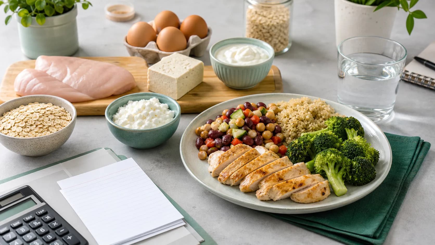 General protein guide workspace with a balanced plate, calculator, water, and protein-rich foods