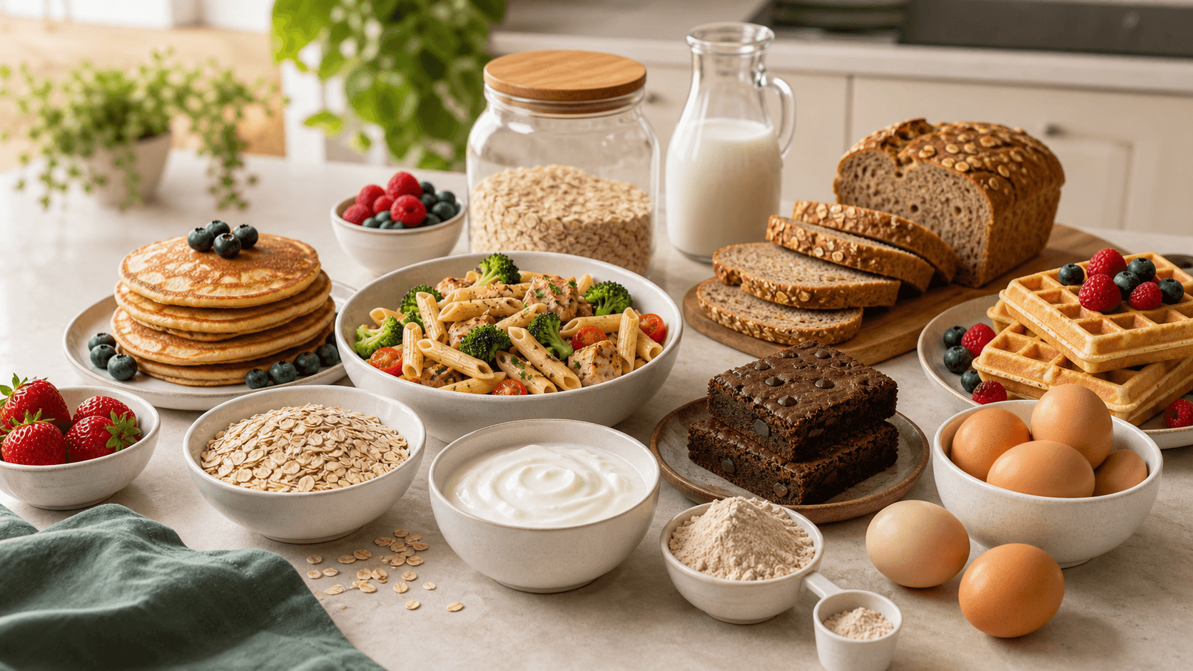 High-protein recipe prep spread with pancakes, pasta, bread, waffles, yogurt, oats, and berries