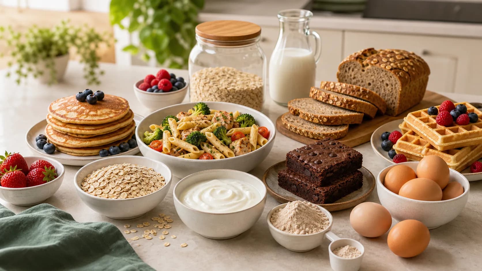 High-protein recipe prep spread with pancakes, pasta, bread, waffles, yogurt, oats, and berries