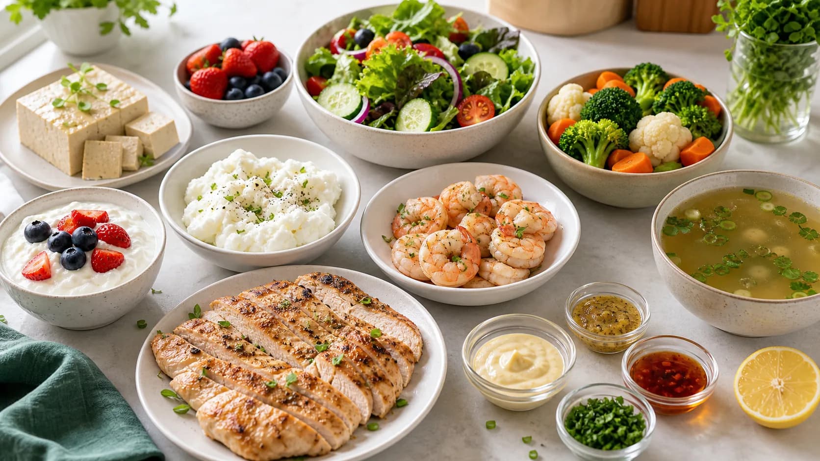 Low-calorie high-protein meal ingredients with lean protein, vegetables, yogurt, and broth