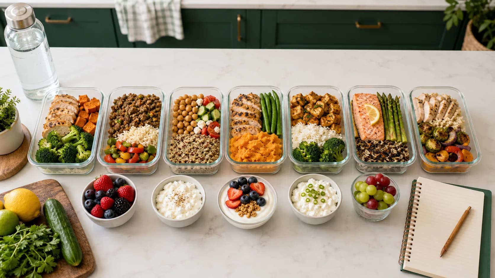 Weekly high-protein meal prep containers with protein anchors, vegetables, fruit, and yogurt