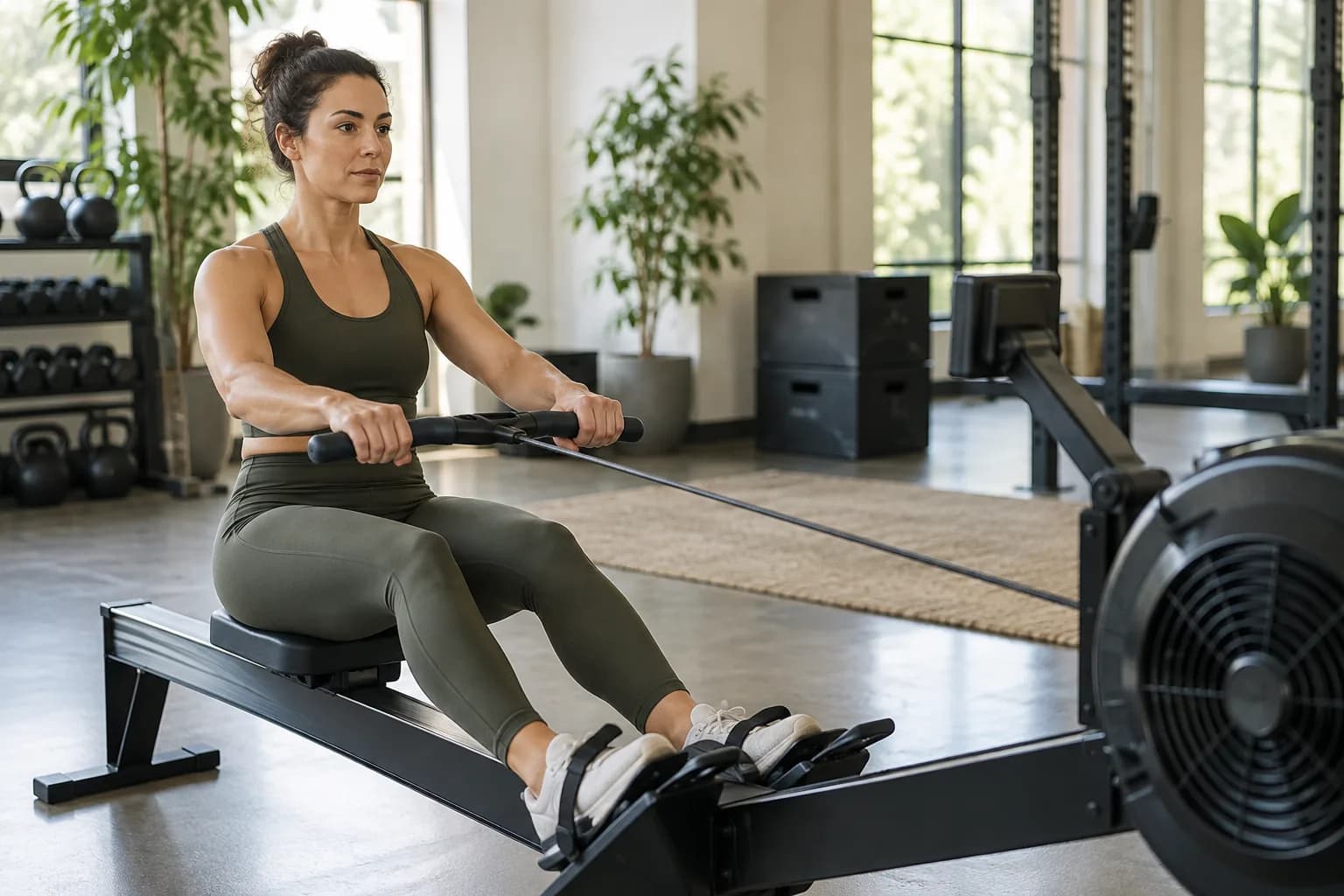 Woman using a rowing machine in a light-filled gym