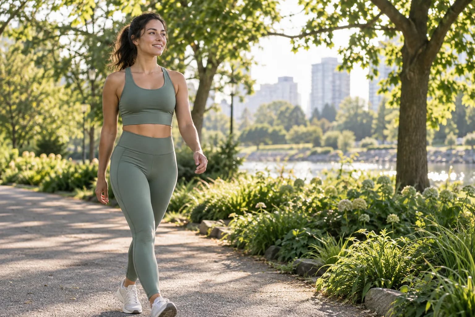 Woman walking outdoors during her daily routine