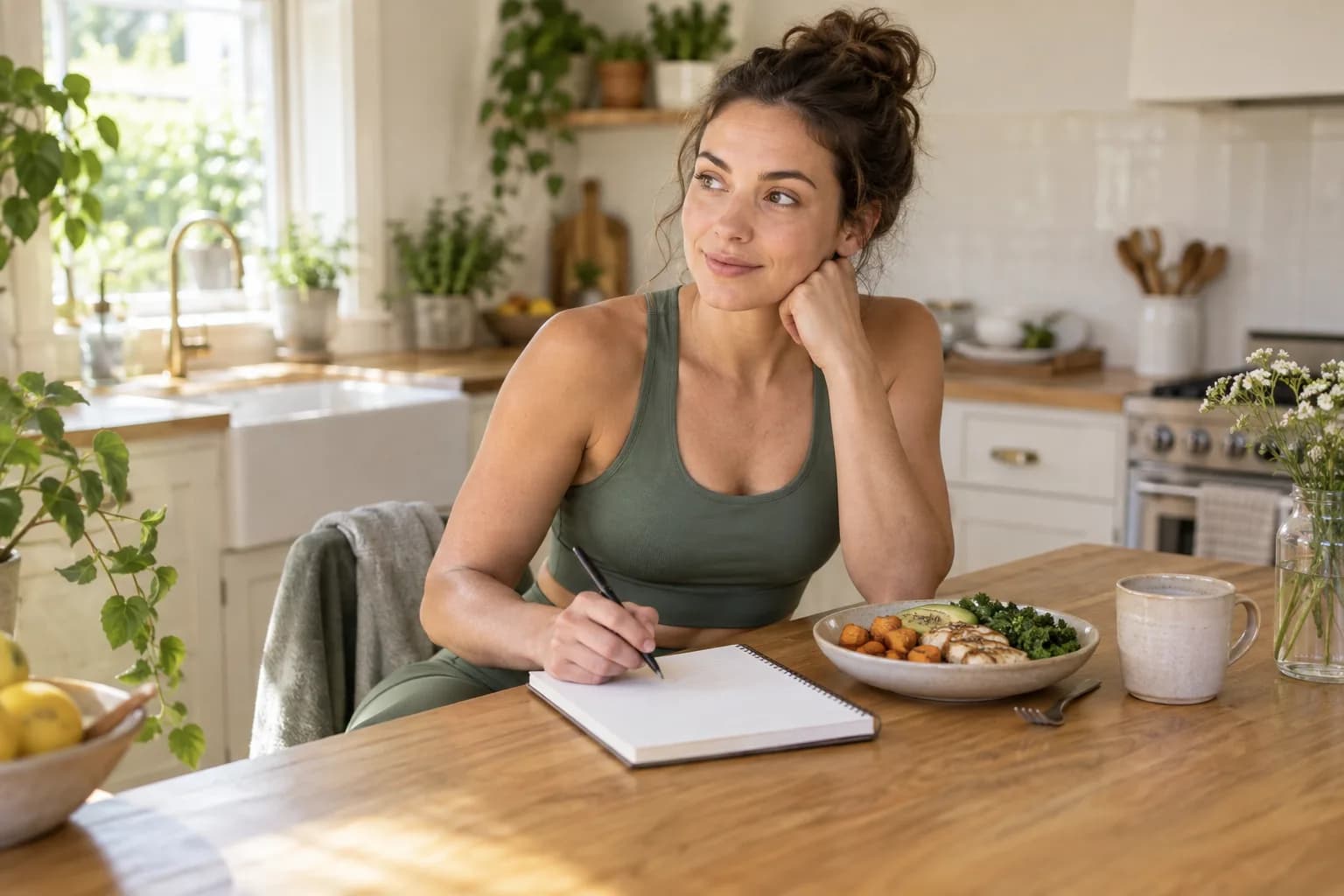 Woman planning meals after exercise at a kitchen table
