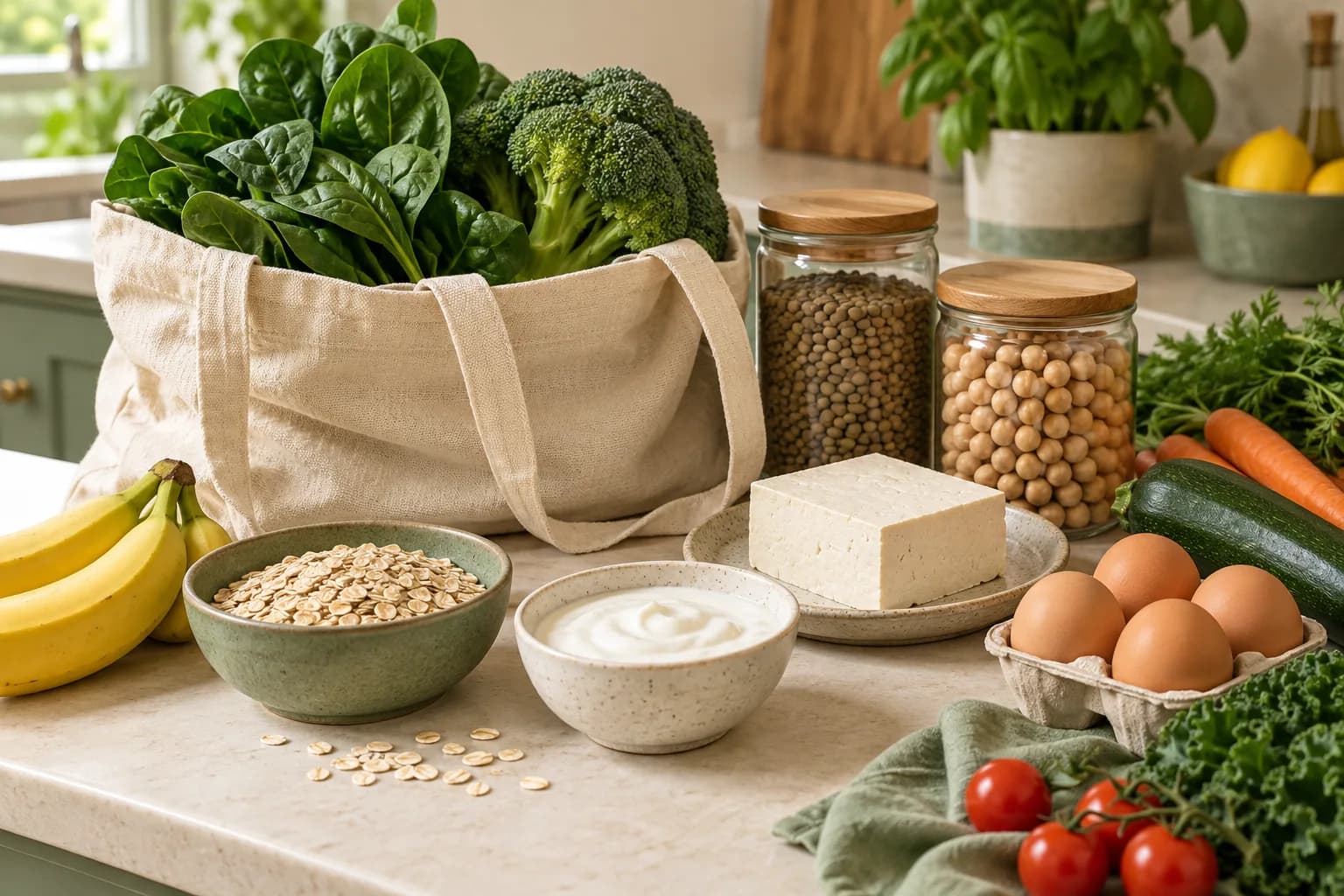 Vegetarian groceries including tofu, lentils, chickpeas, eggs, yogurt and fresh vegetables
