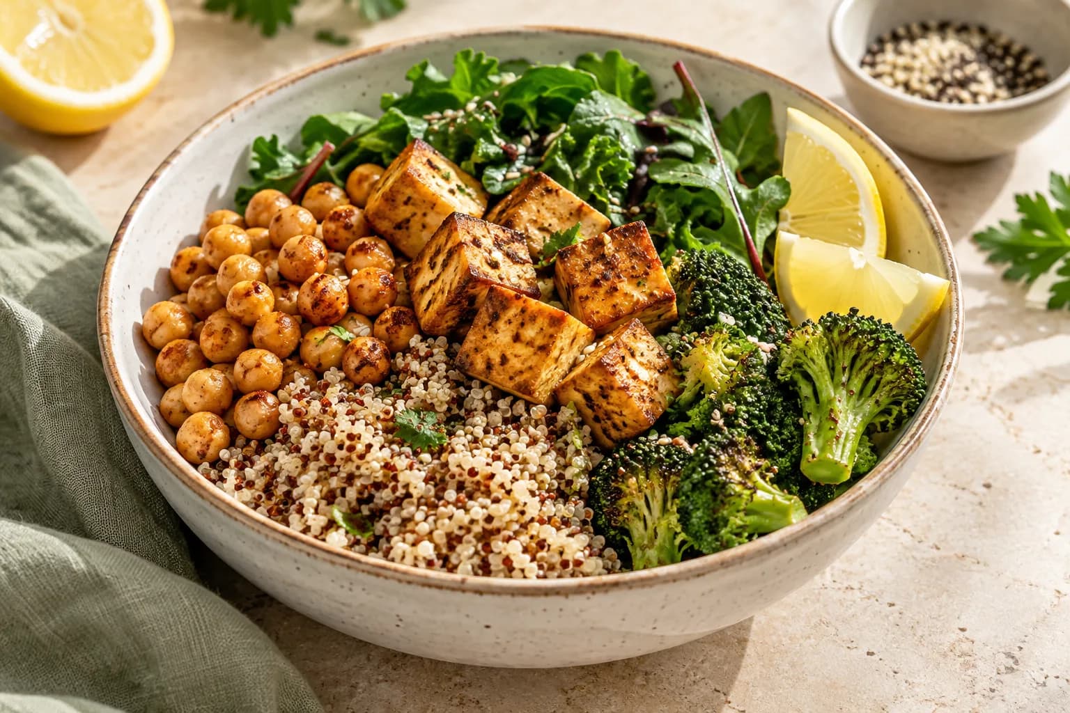 Vegetarian protein bowl with golden tofu cubes, chickpeas, quinoa, broccoli and greens
